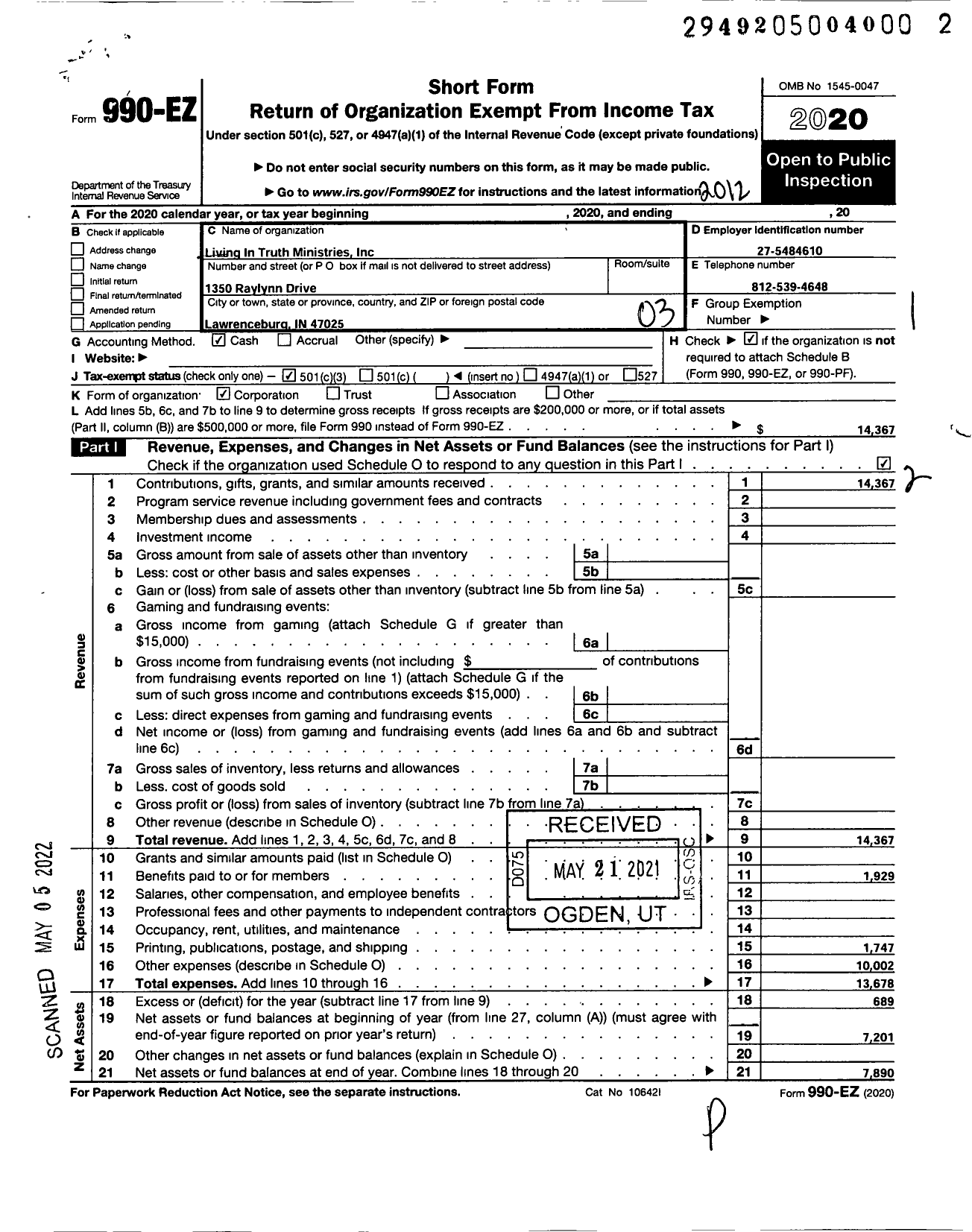 Image of first page of 2020 Form 990EZ for Living in Truth Ministries