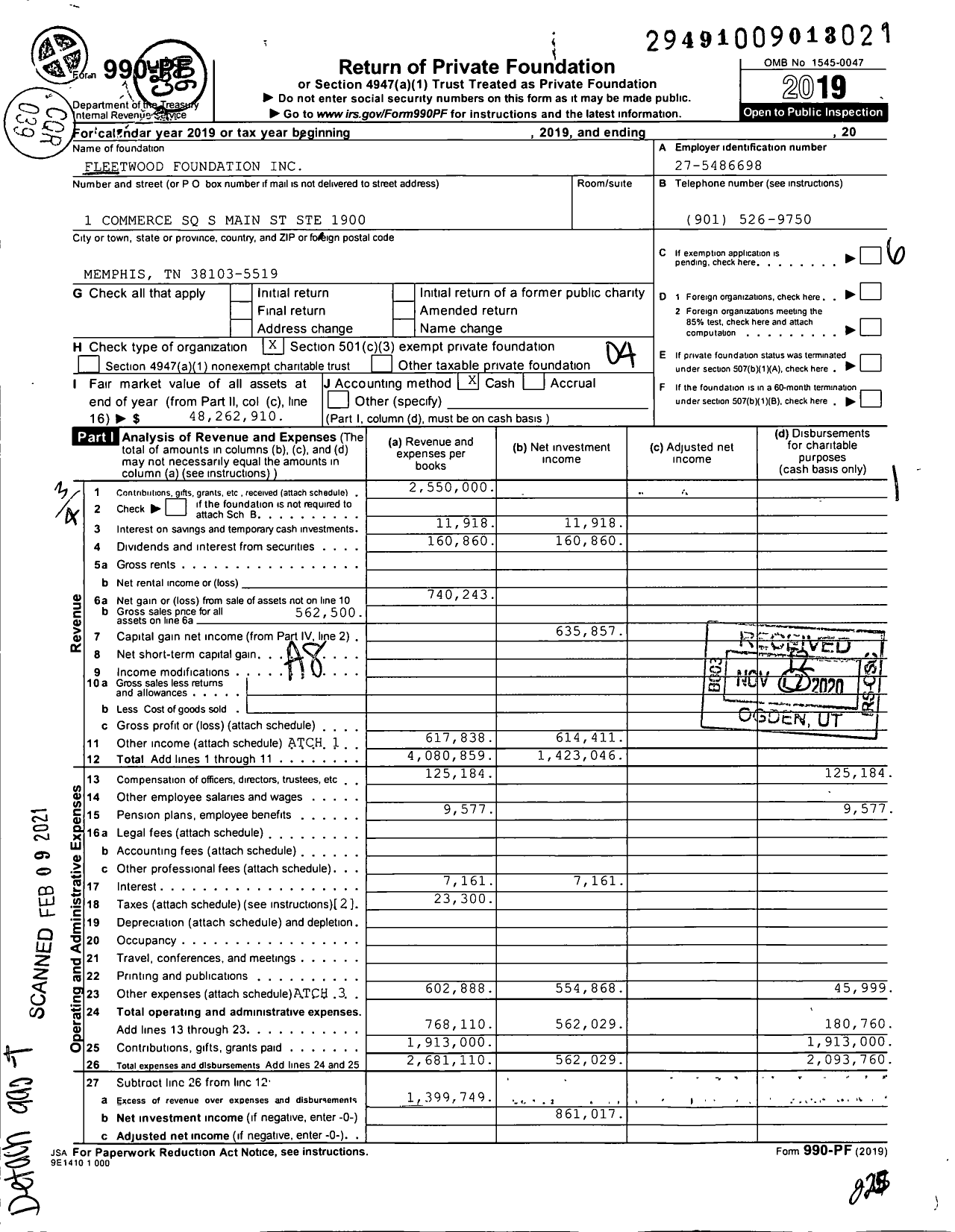 Image of first page of 2019 Form 990PF for Fleetwood Foundation