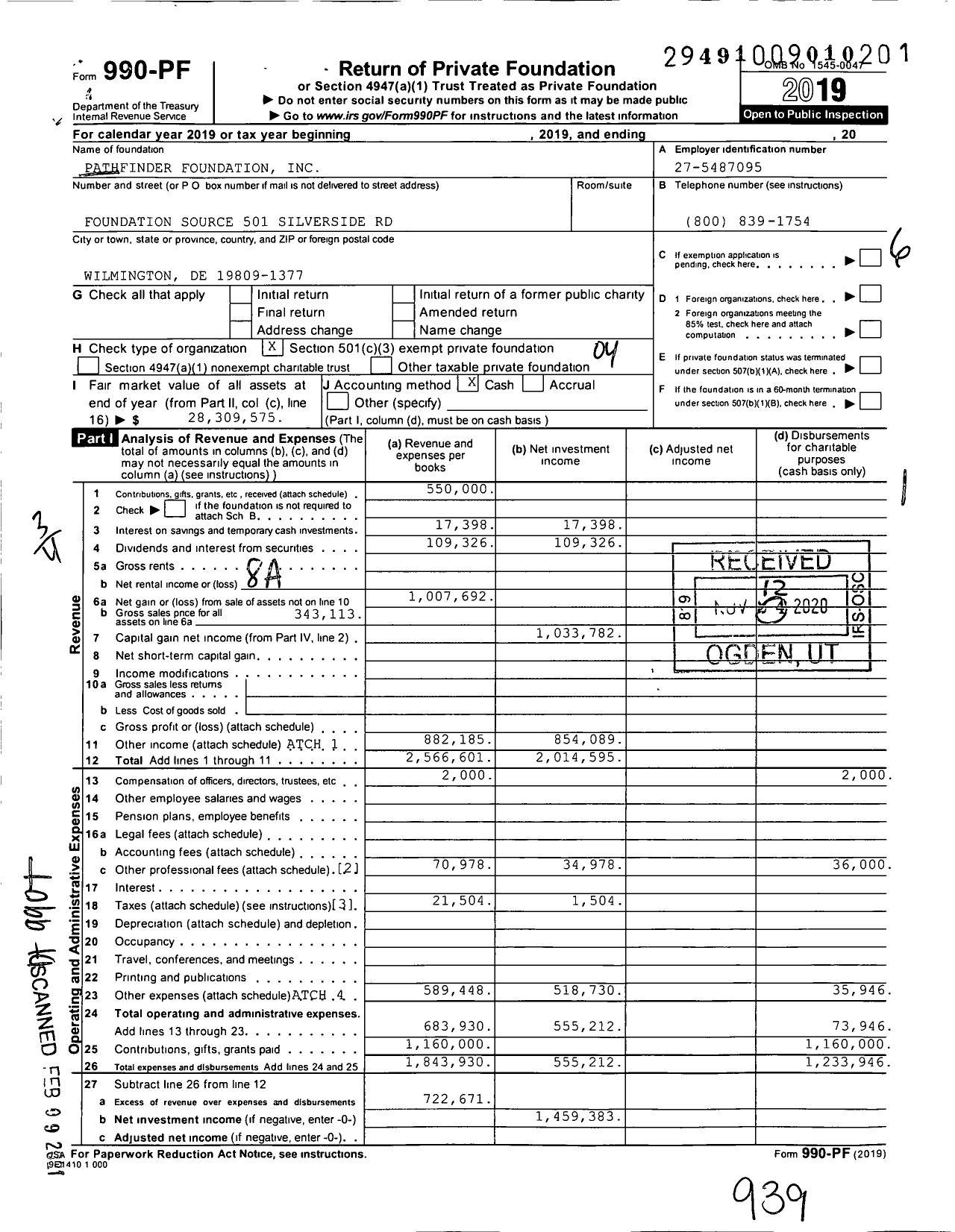 Image of first page of 2019 Form 990PF for Pathfinder Foundation