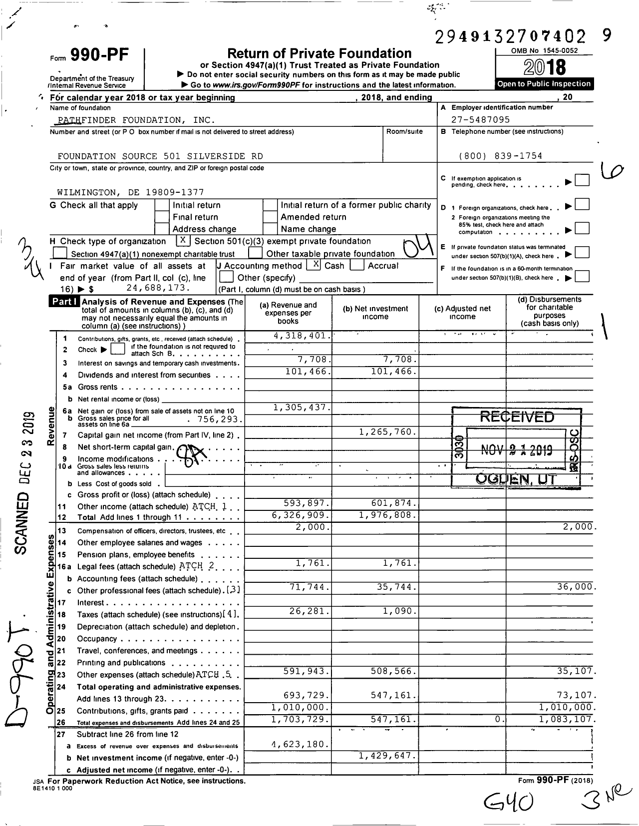 Image of first page of 2018 Form 990PF for Pathfinder Foundation