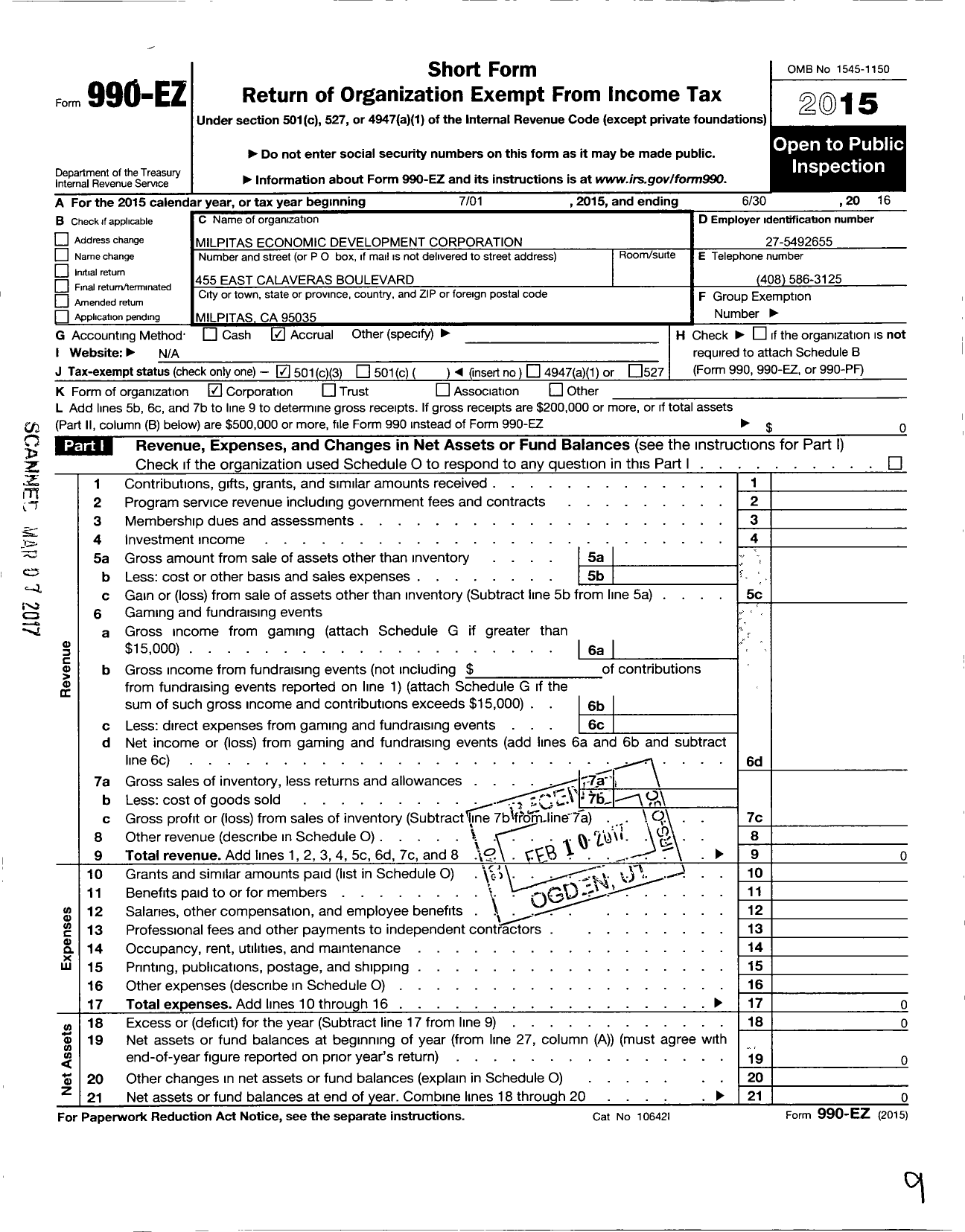 Image of first page of 2015 Form 990EZ for Milpitas Economic Development Corporation Ration