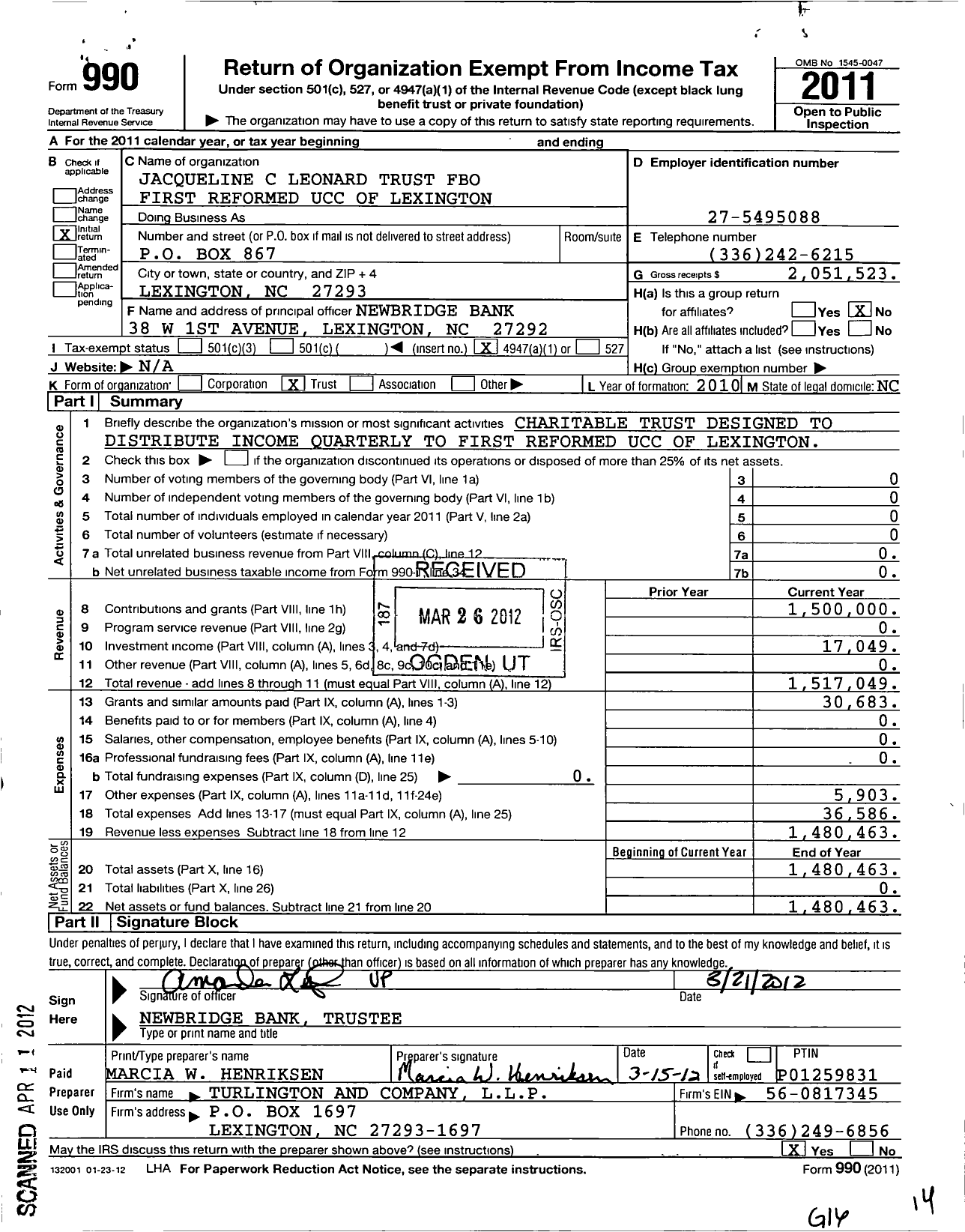 Image of first page of 2011 Form 990O for Jacqueline C Leonard Trust Fbo First Reformed