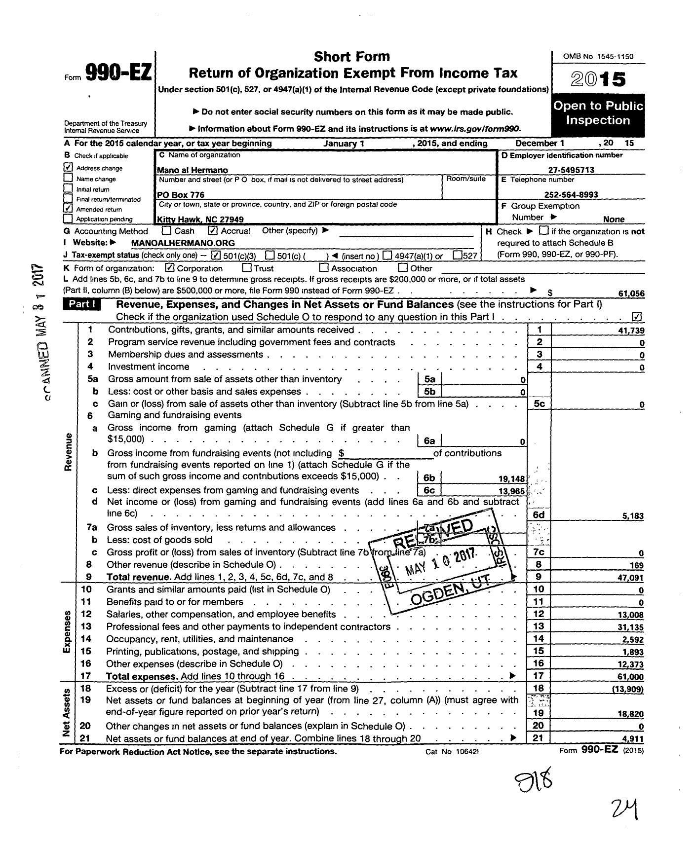 Image of first page of 2015 Form 990EZ for Mano Al Hermano