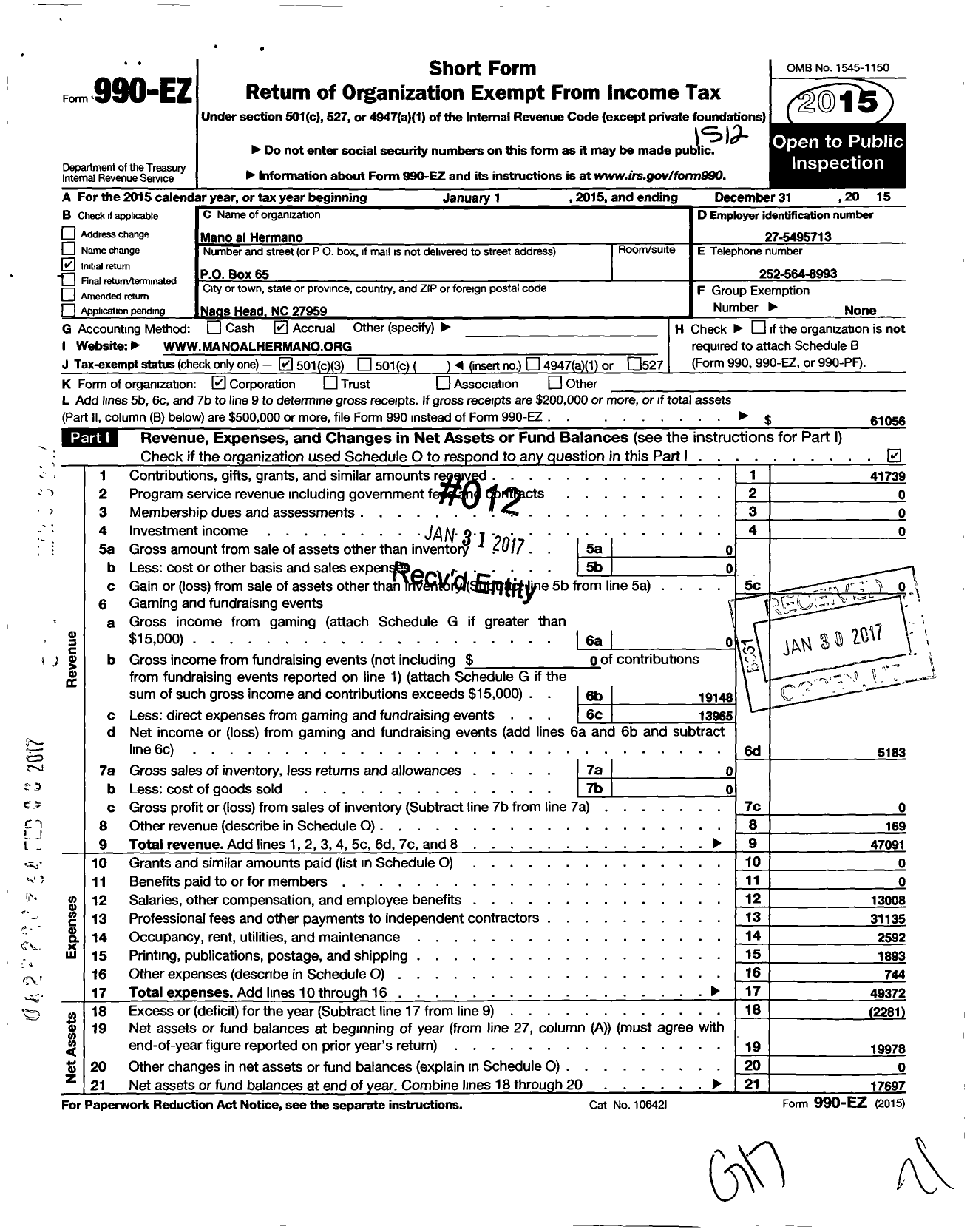 Image of first page of 2015 Form 990EZ for Mano Al Hermano