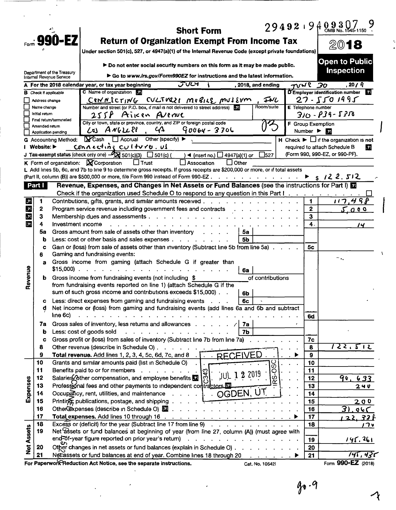 Image of first page of 2018 Form 990EZ for CONNECTING Cultures Mobile Museum CONNECTING Cultures Mobile Museum