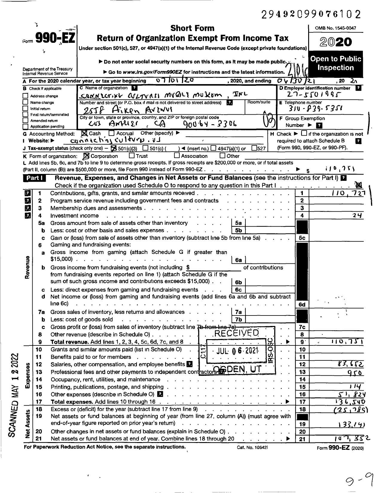 Image of first page of 2020 Form 990EZ for CONNECTING Cultures Mobile Museum CONNECTING Cultures Mobile Museum