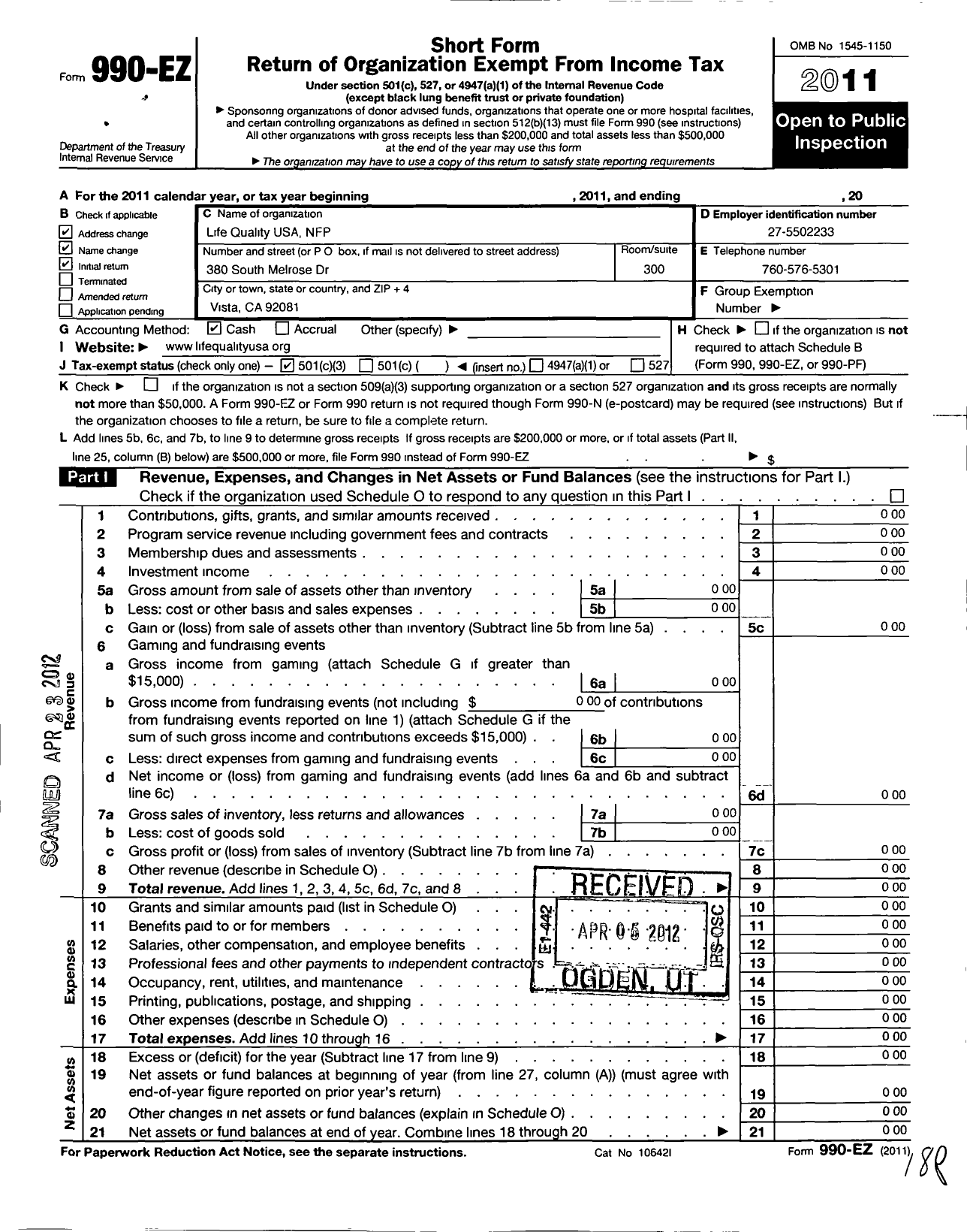 Image of first page of 2011 Form 990EZ for Life Quality USA NFP