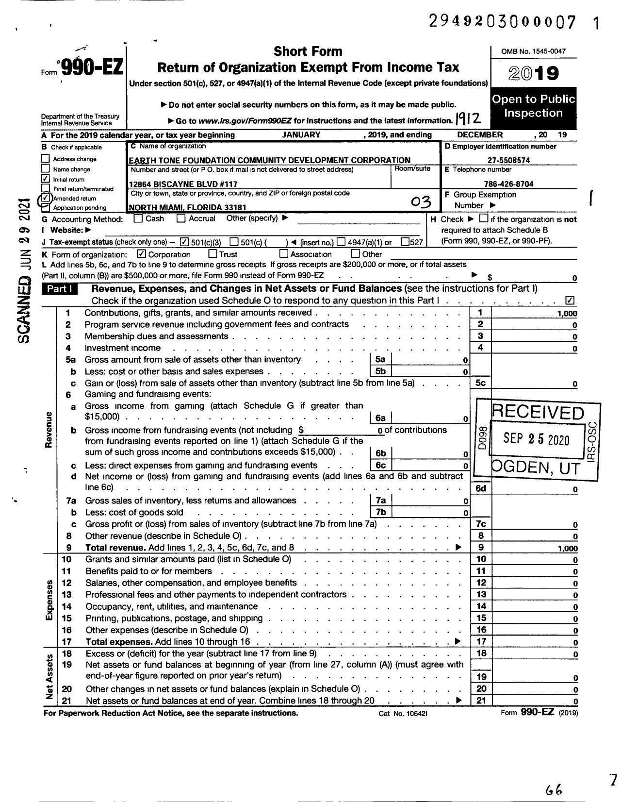 Image of first page of 2019 Form 990EZ for Earth Tone Foundation Community Development