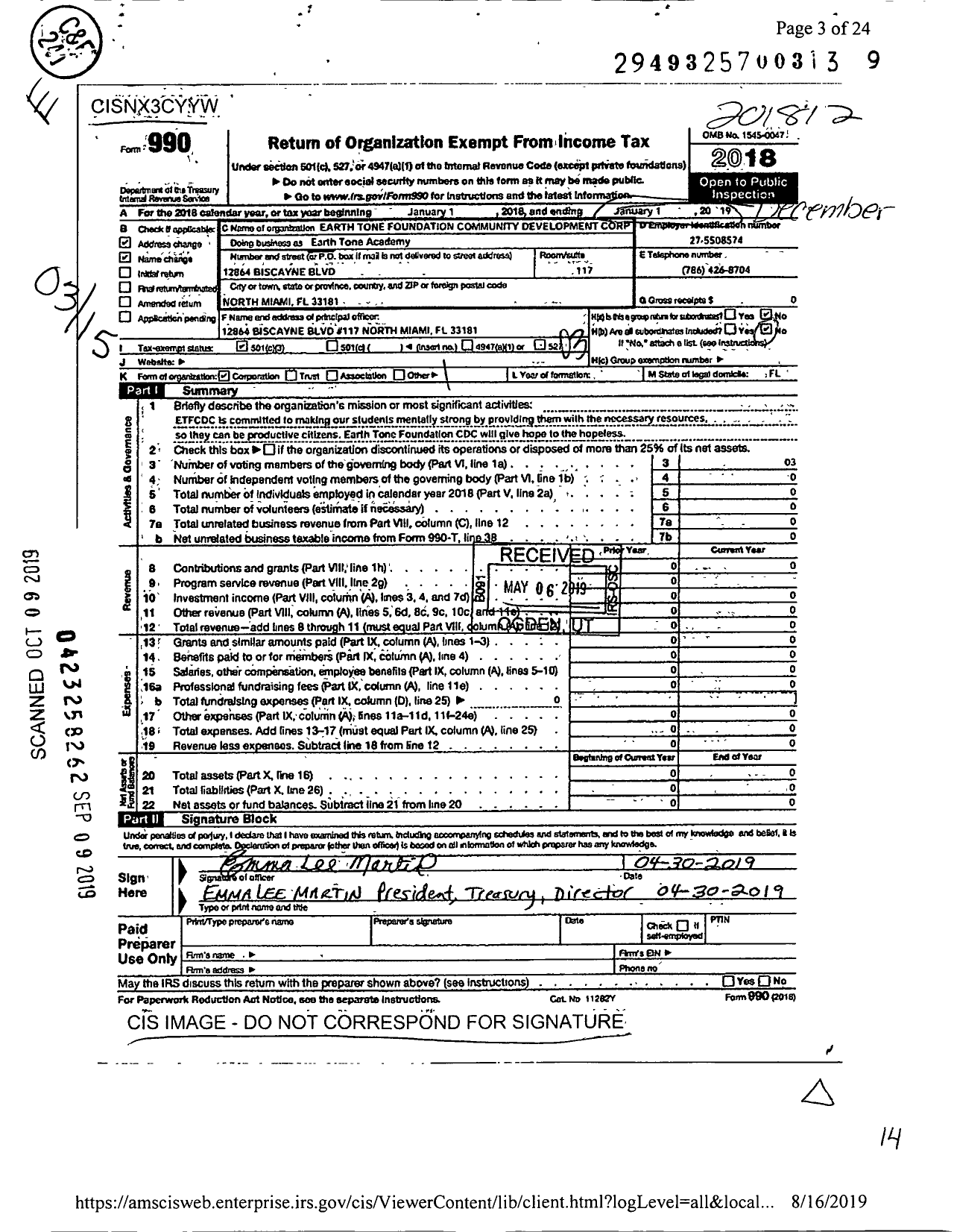 Image of first page of 2018 Form 990 for Earth Tone Foundation Community Development