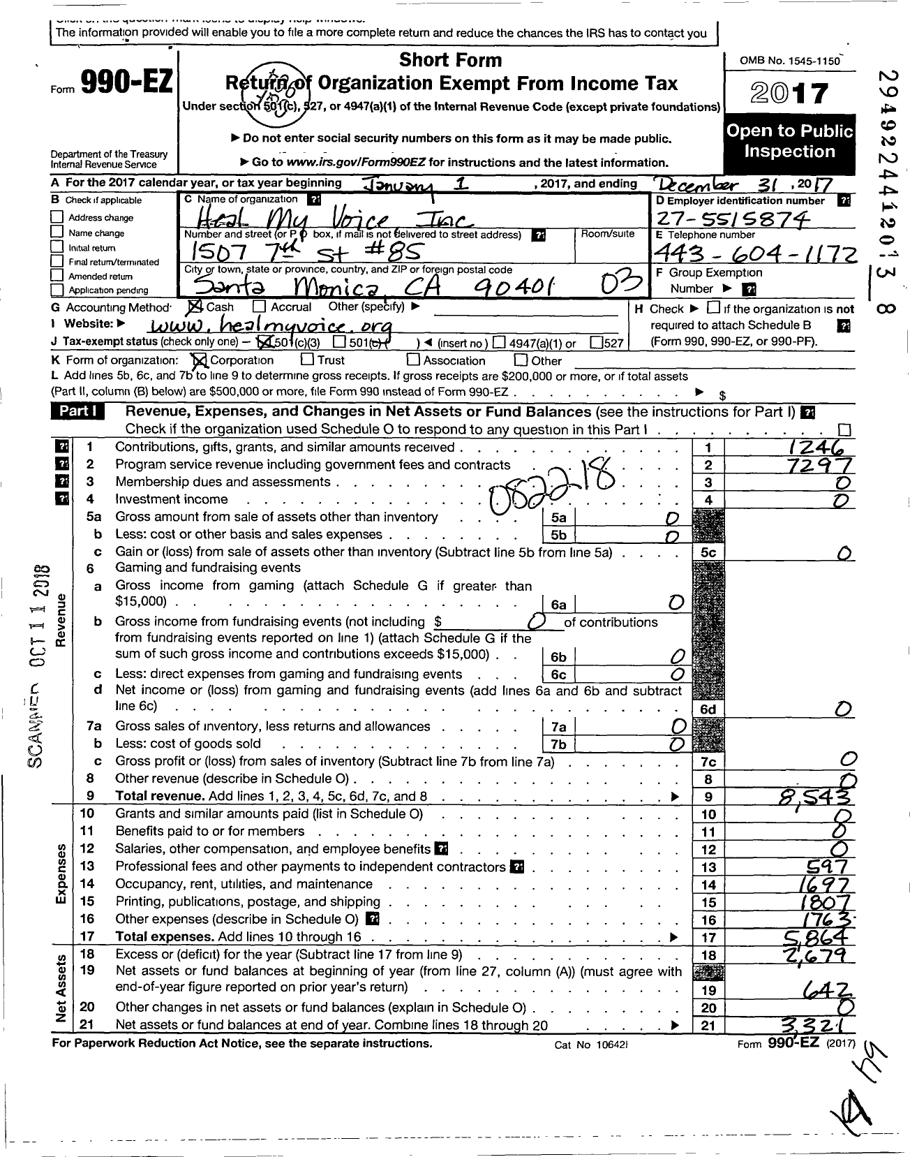 Image of first page of 2017 Form 990EZ for Heal My Voice