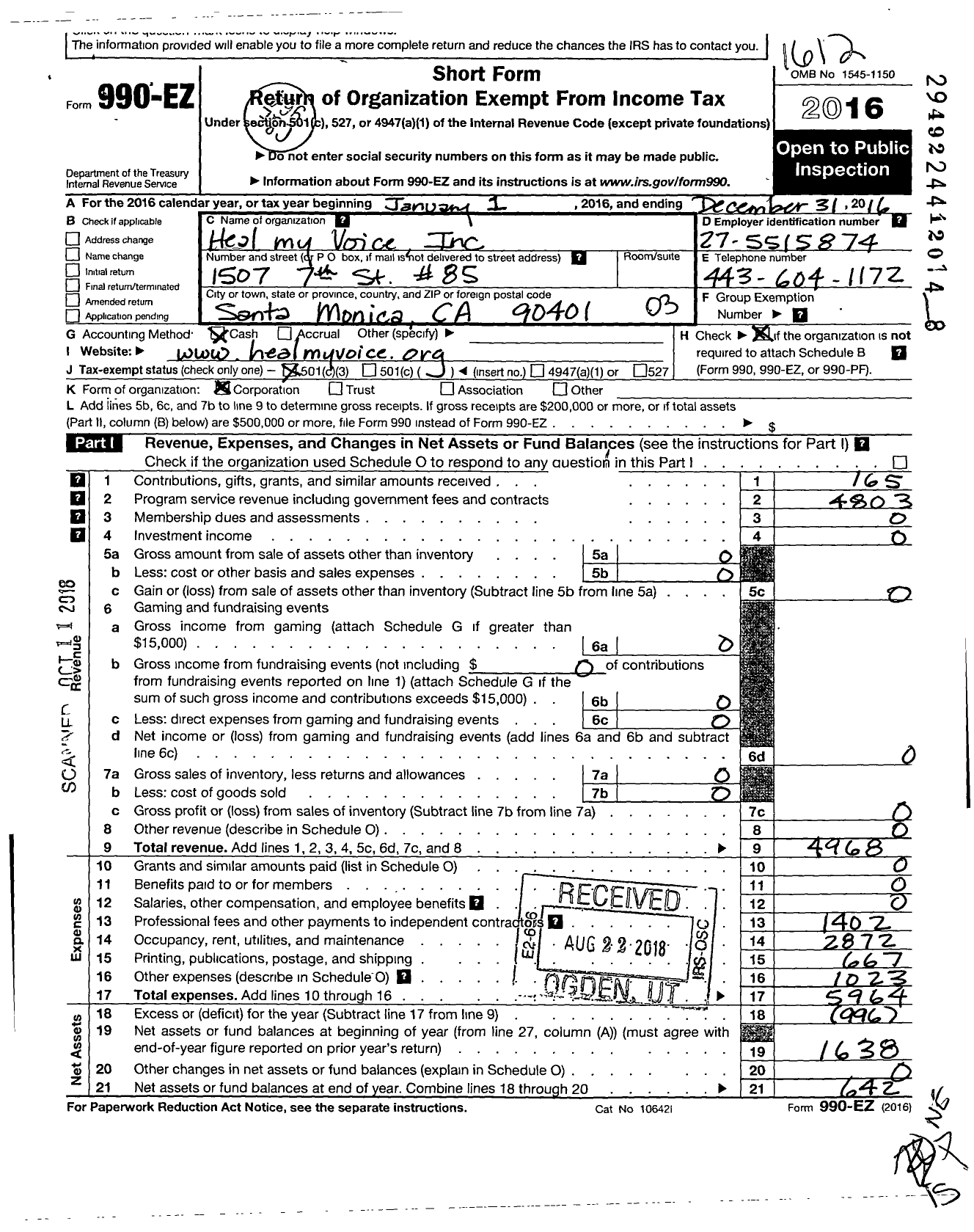 Image of first page of 2016 Form 990EZ for Heal My Voice