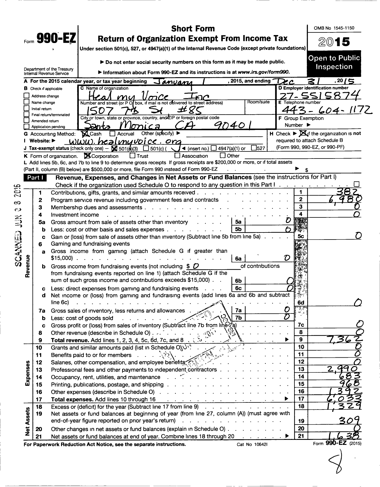 Image of first page of 2015 Form 990EZ for Heal My Voice