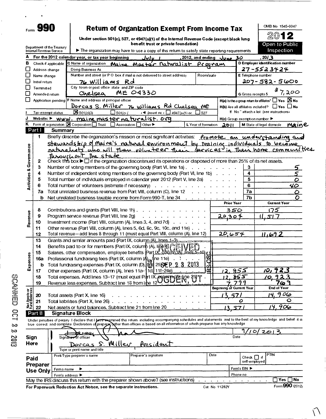 Image of first page of 2012 Form 990 for Maine Master Naturalist Program
