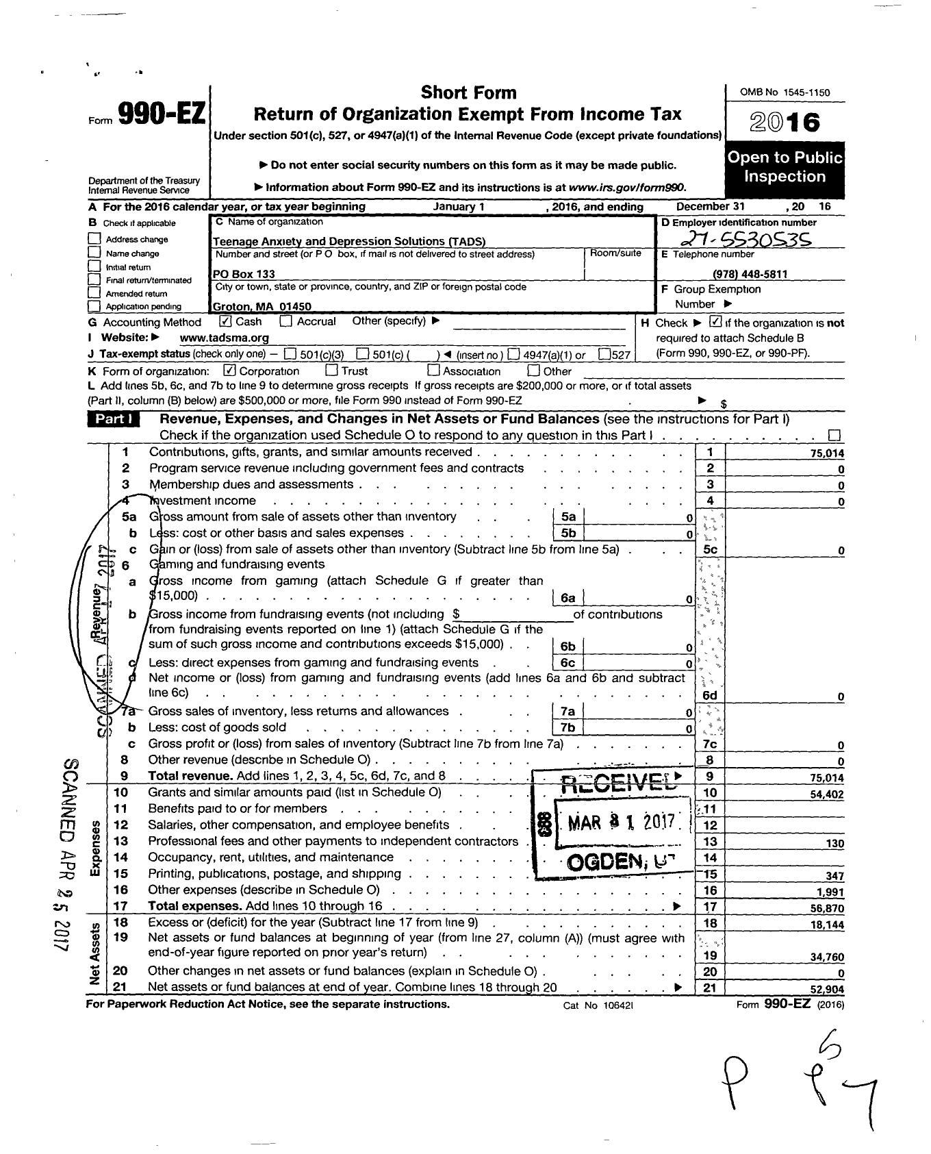 Image of first page of 2016 Form 990EO for Teenage Anxiety and Depression Solutions