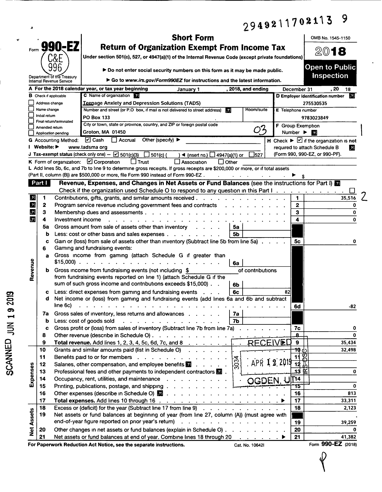 Image of first page of 2018 Form 990EZ for Teenage Anxiety and Depression Solutions