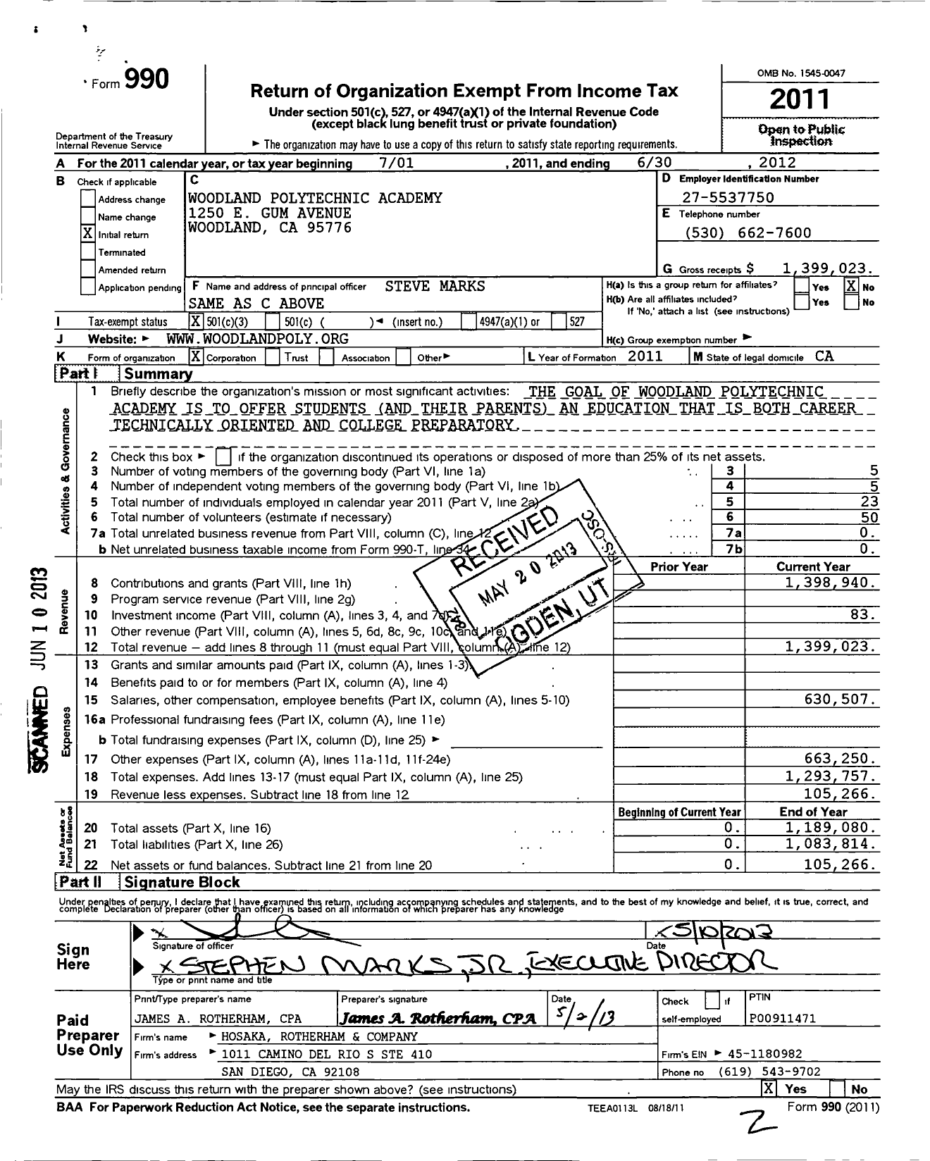 Image of first page of 2011 Form 990 for Woodland Polytechnic Academy