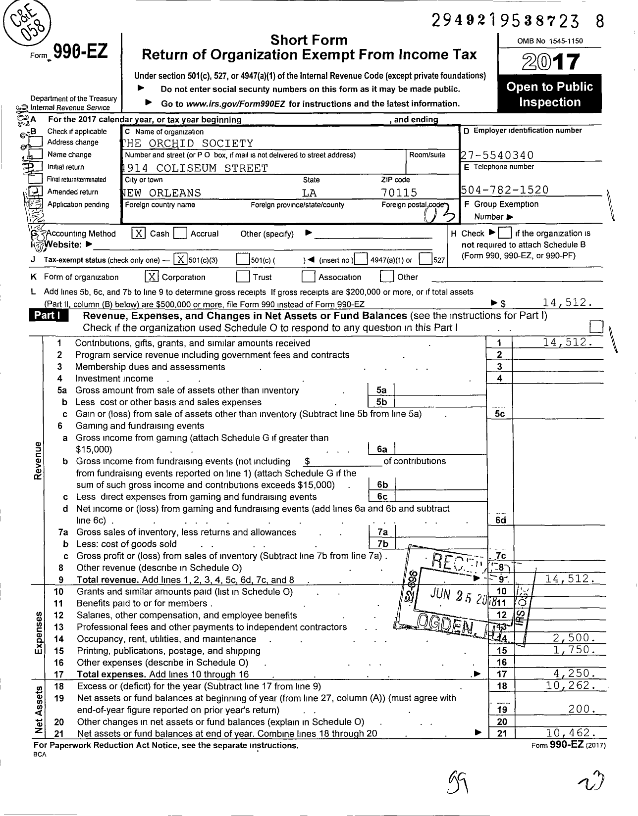 Image of first page of 2017 Form 990EZ for Orchid Society LLC