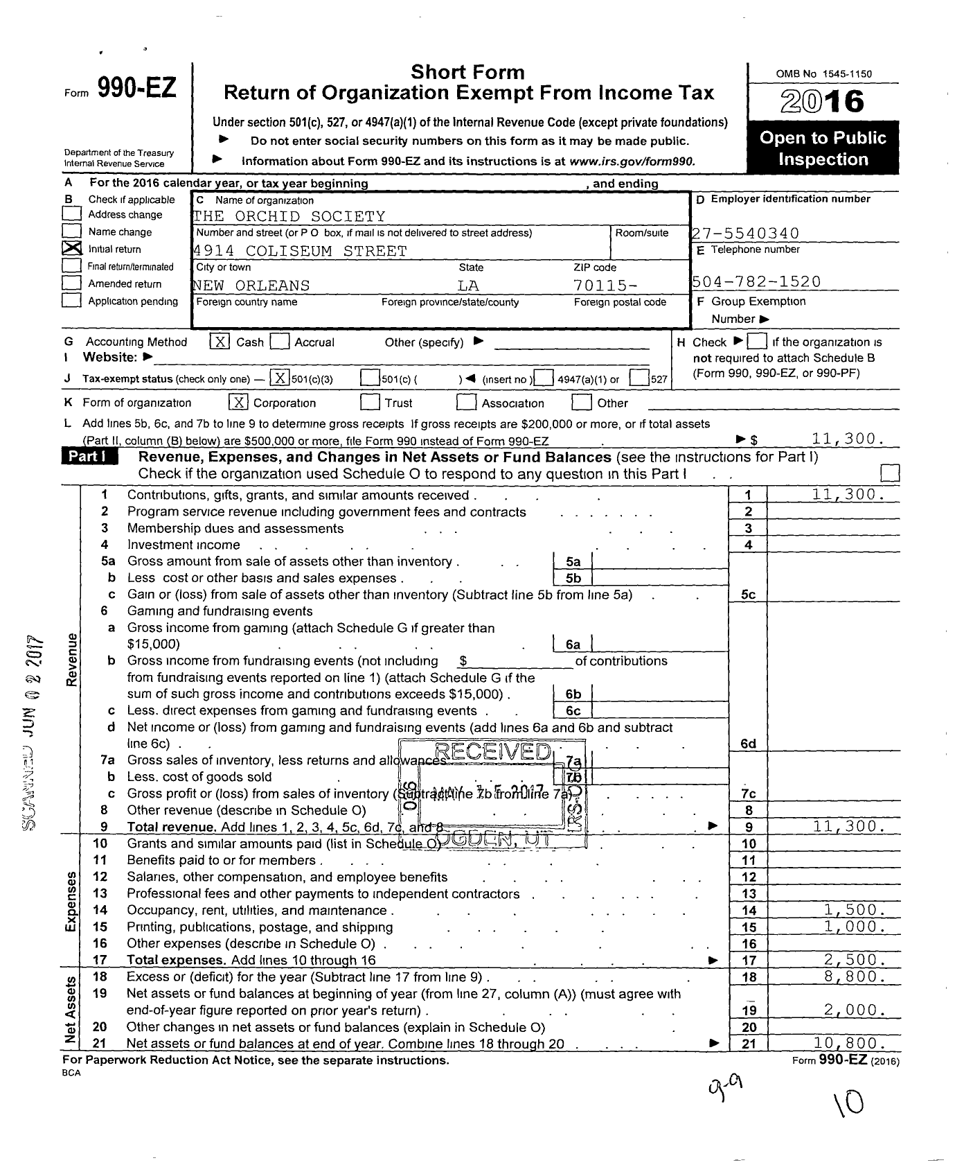 Image of first page of 2016 Form 990EZ for Orchid Society LLC