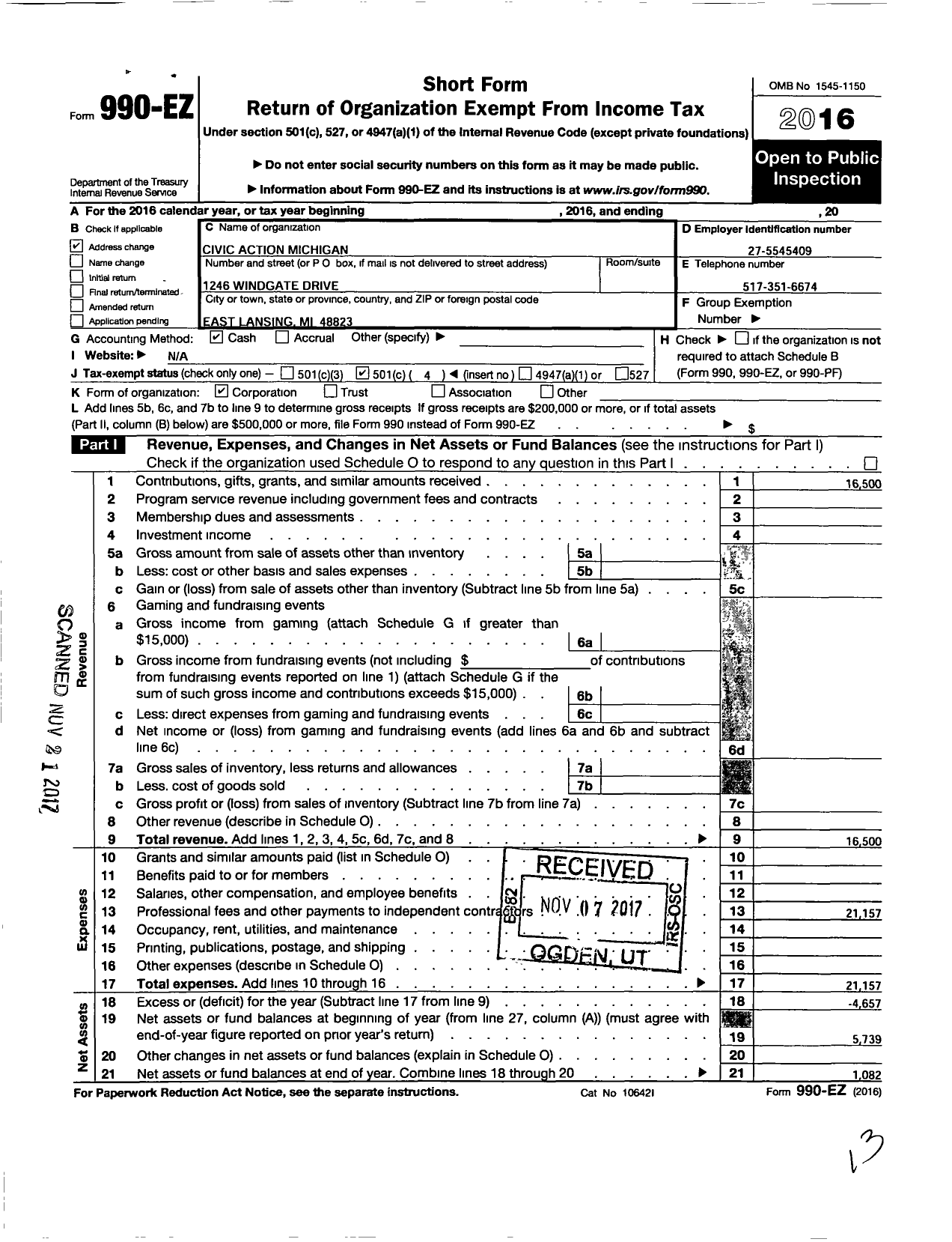 Image of first page of 2016 Form 990EO for Civic Action Michigan