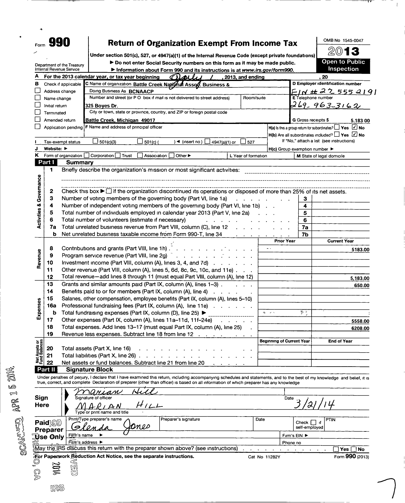 Image of first page of 2013 Form 990O for National Association of Negro Busin Ess and Professional Womens C