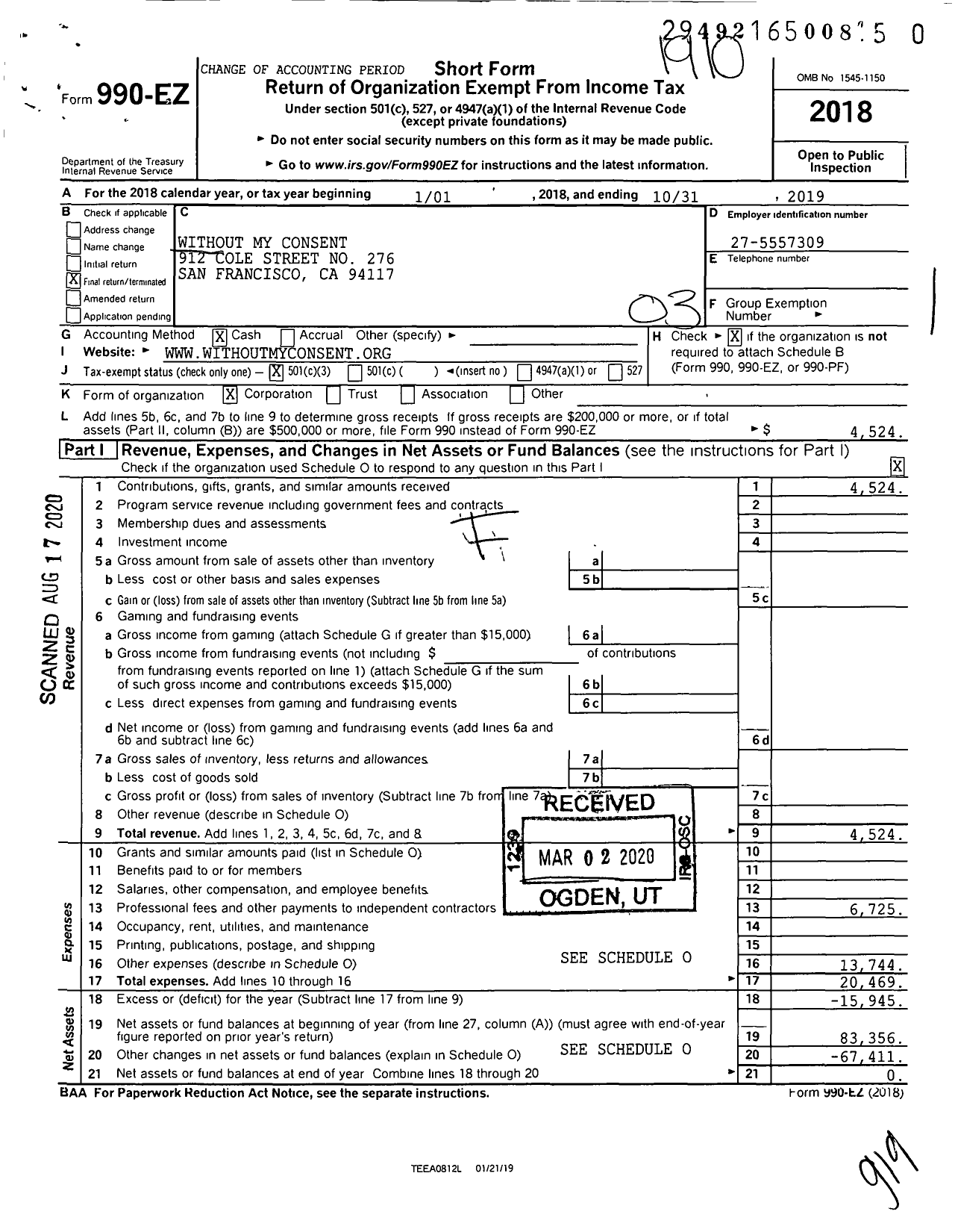 Image of first page of 2018 Form 990EZ for Without My Consent