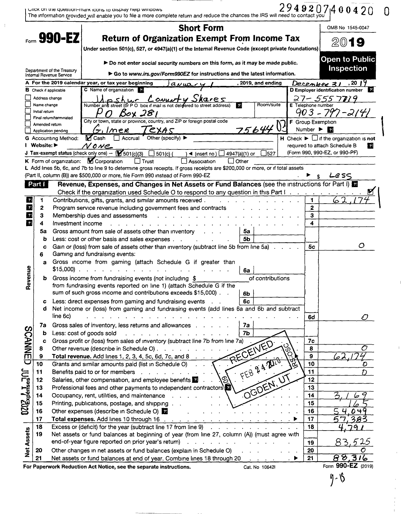 Image of first page of 2019 Form 990EZ for Upshur County Shares