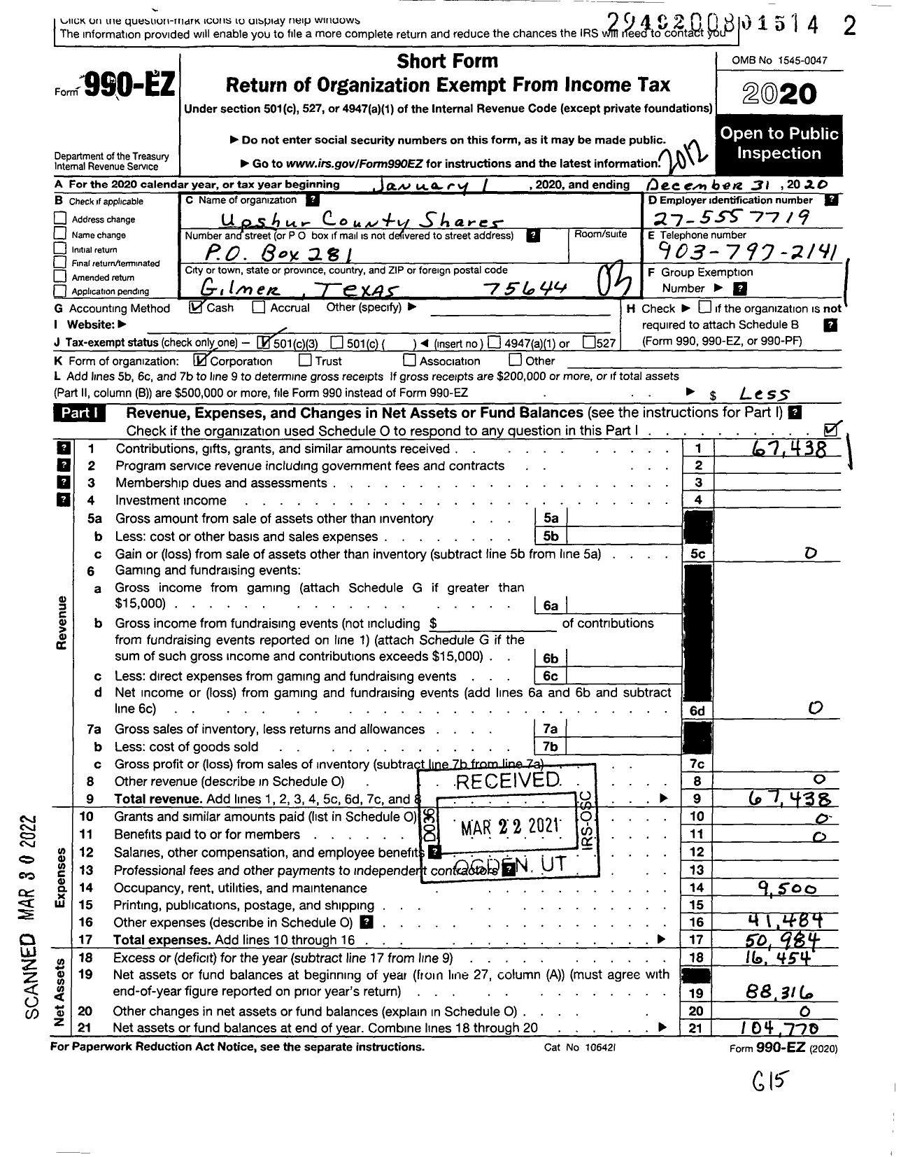 Image of first page of 2020 Form 990EZ for Upshur County Shares