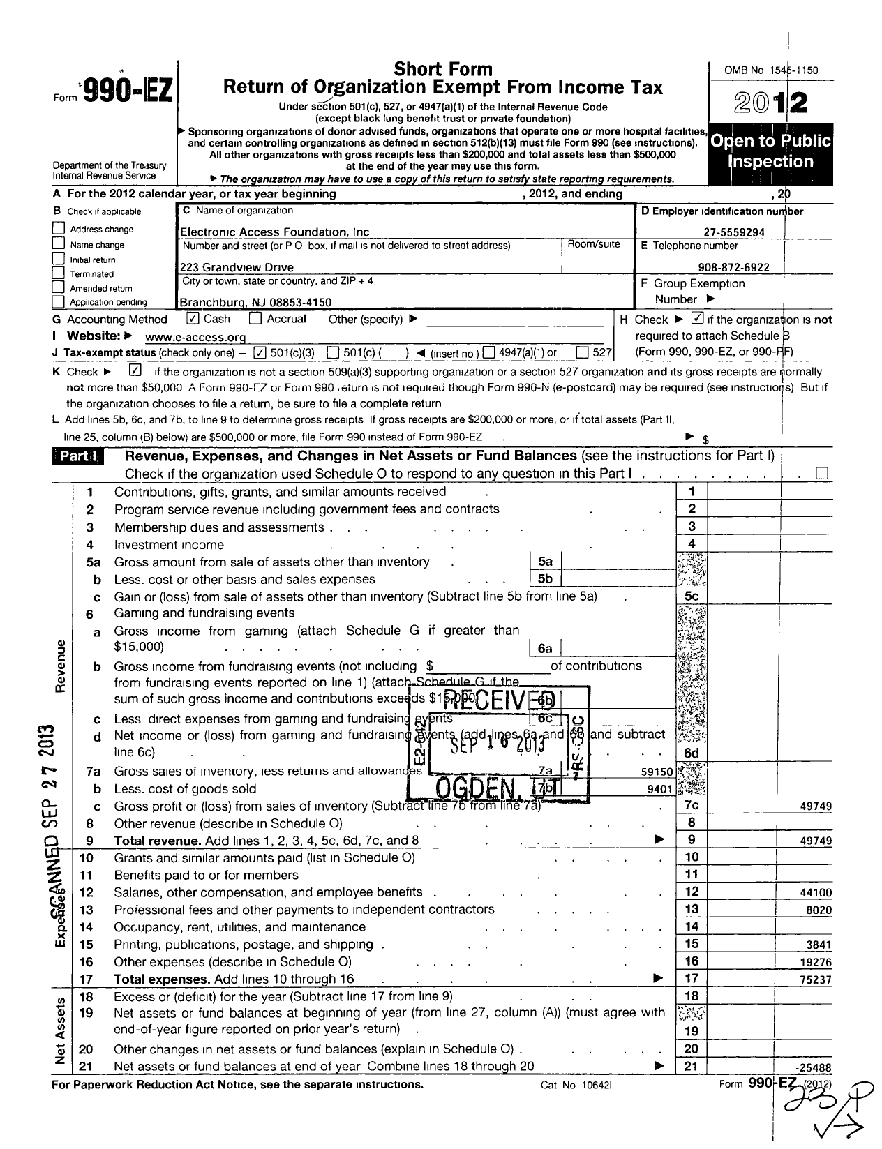 Image of first page of 2012 Form 990EZ for Electronic Access Foundation