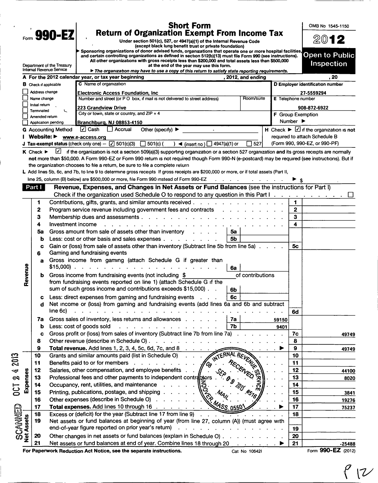 Image of first page of 2012 Form 990EZ for Electronic Access Foundation