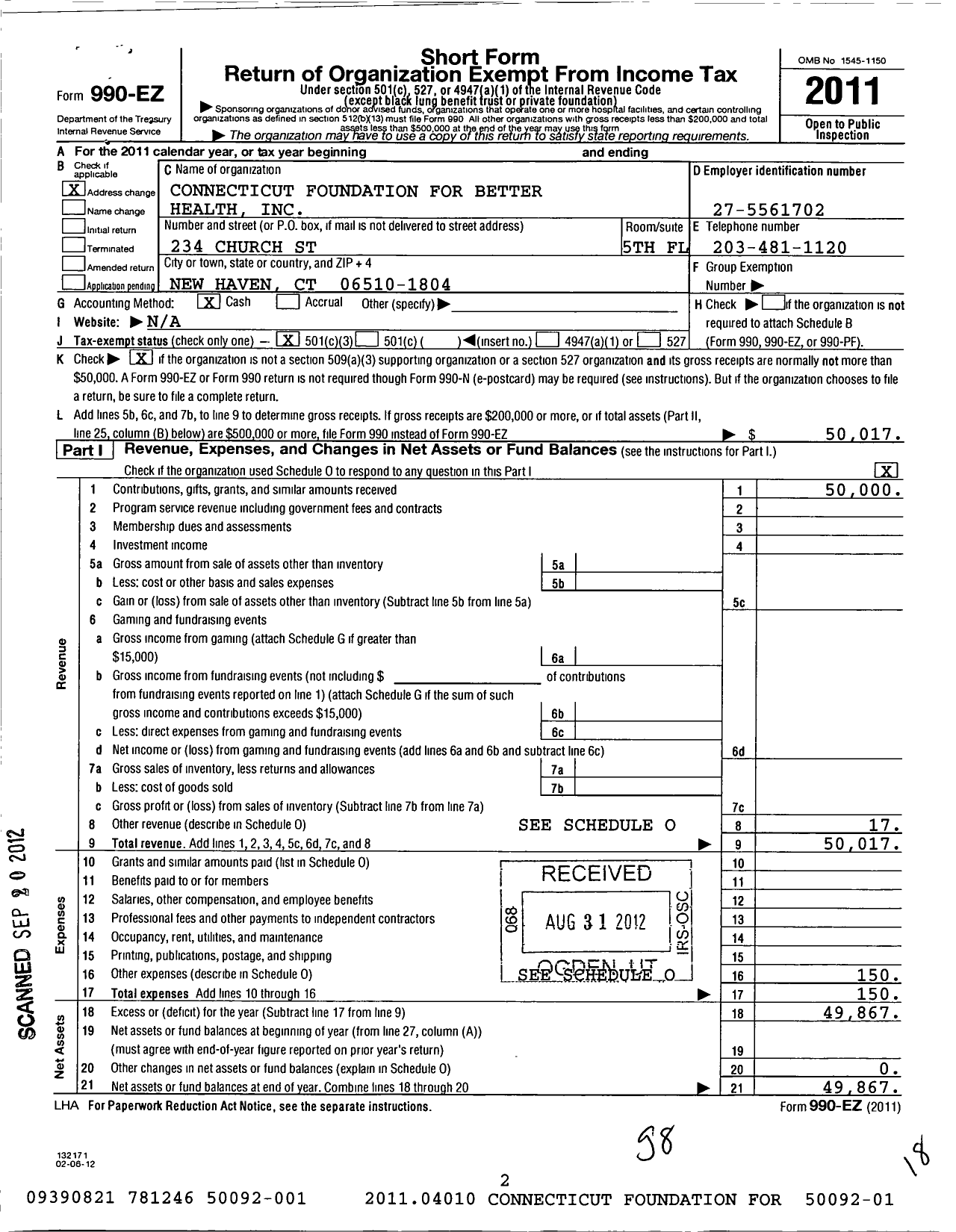 Image of first page of 2011 Form 990EZ for Connecticut Foundation for Better Health
