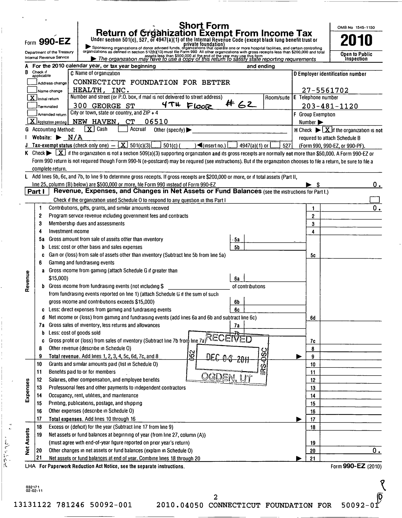 Image of first page of 2010 Form 990EZ for Connecticut Foundation for Better Health