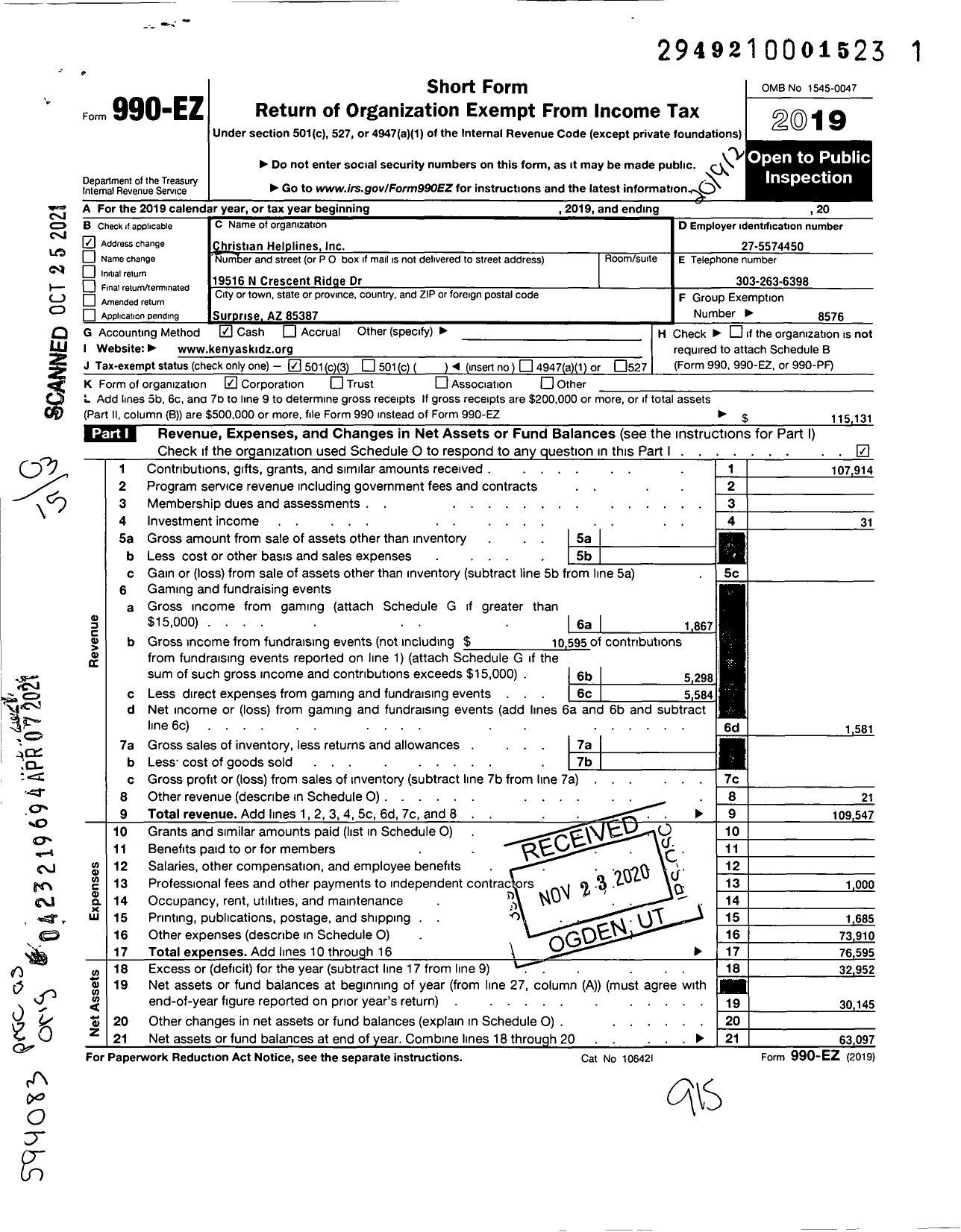 Image of first page of 2019 Form 990EZ for Christian Helplines / Kenyas Kidz