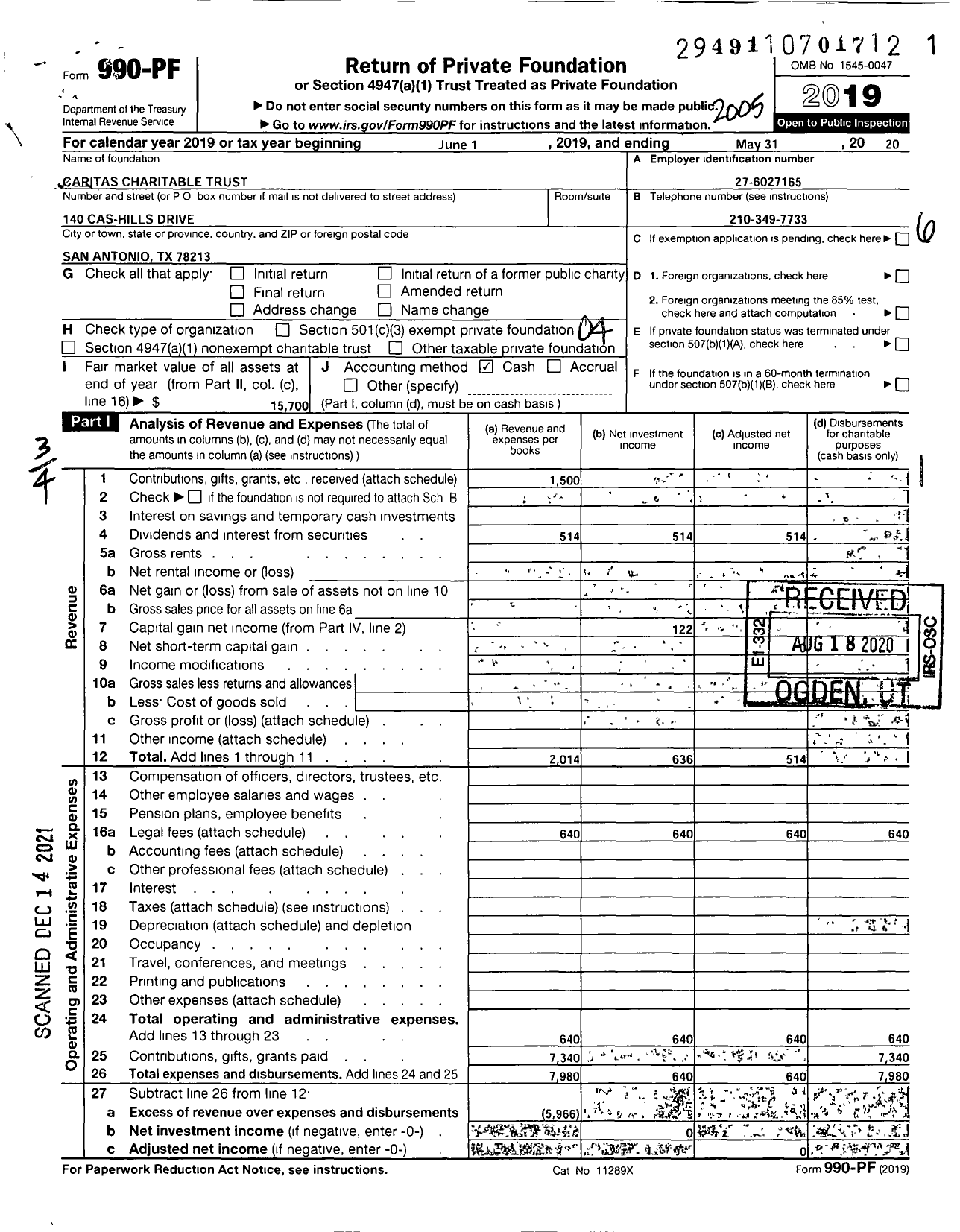 Image of first page of 2019 Form 990PF for Caritas Charitable Trust