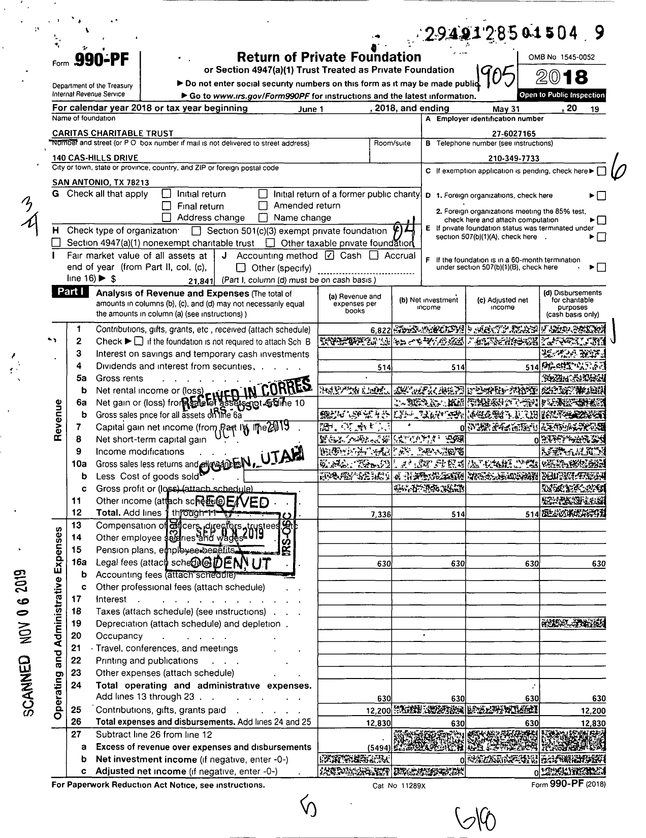 Image of first page of 2018 Form 990PF for Caritas Charitable Trust