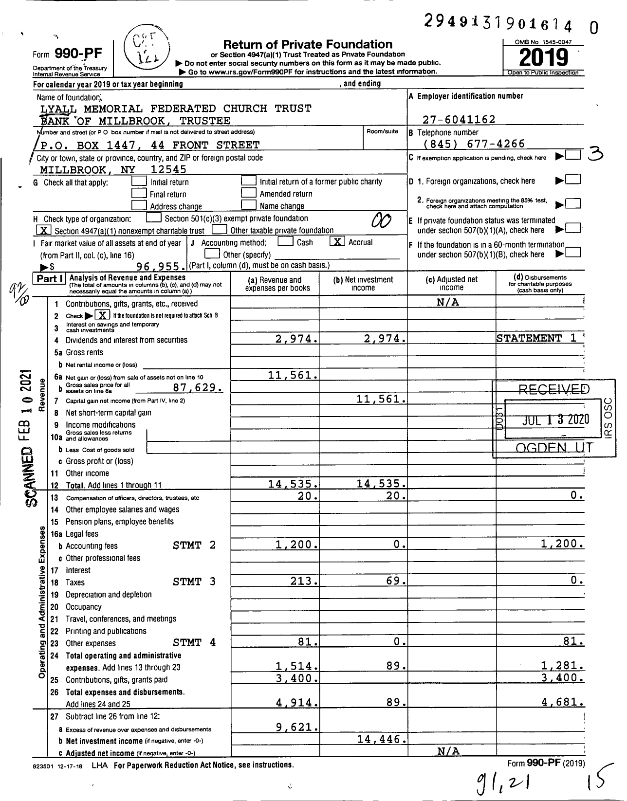 Image of first page of 2019 Form 990PF for Lyall Memorial Federated Church Trust Bank of Millbrook Trustee