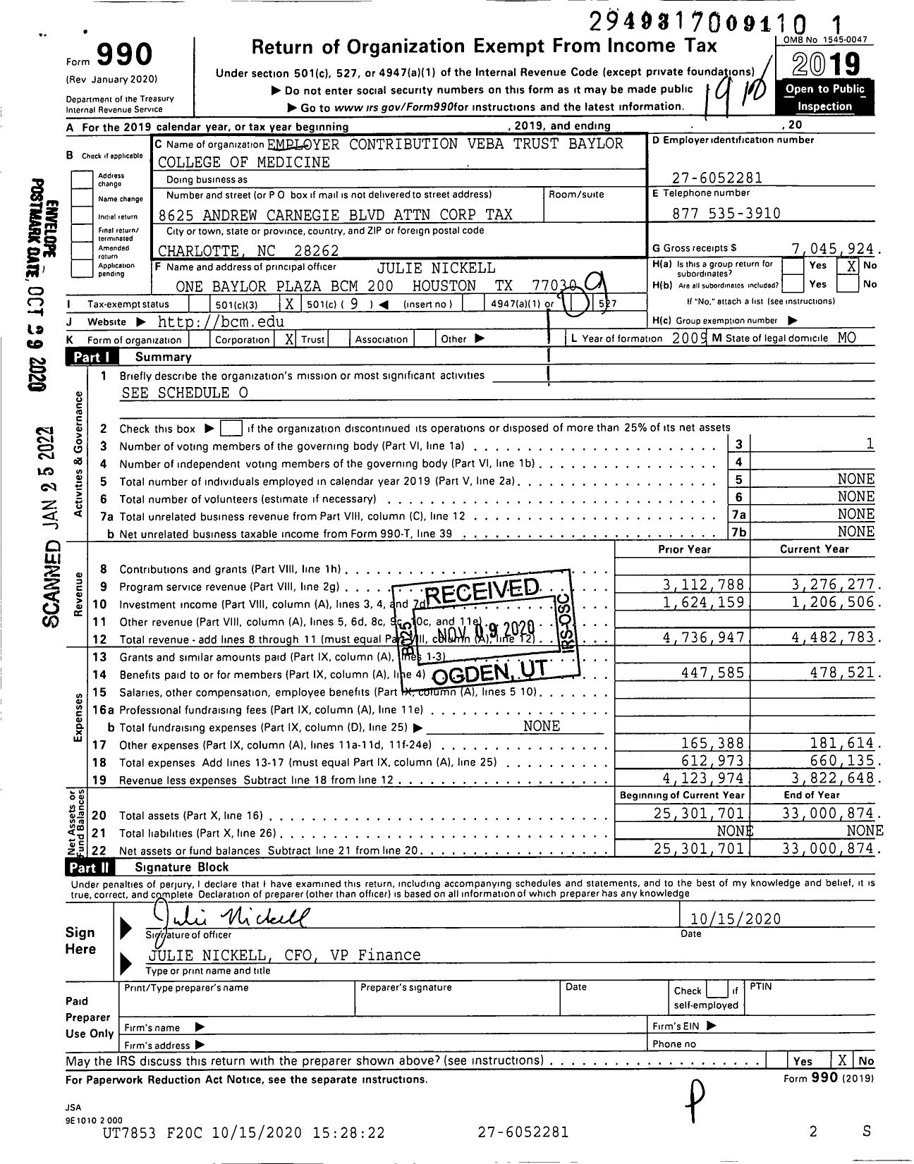 Image of first page of 2019 Form 990O for Baylor College of Medicine Employer