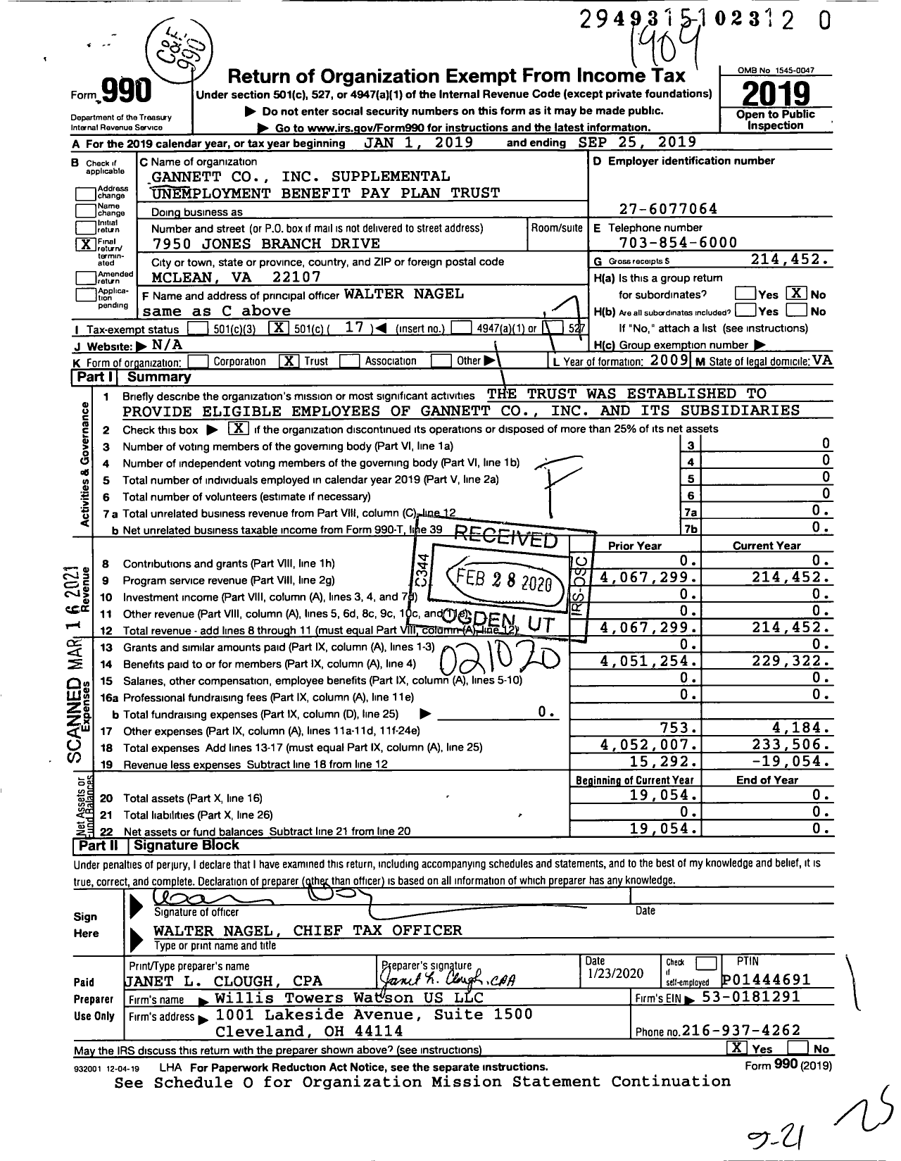 Image of first page of 2018 Form 990O for Gannett Supplemental Unemployment Benefit Pay Plan Trust