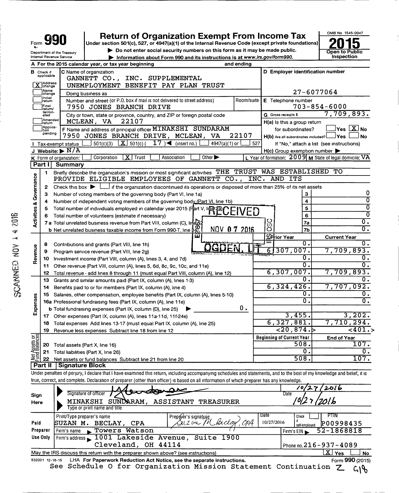 Image of first page of 2015 Form 990O for Gannett Supplemental Unemployment Benefit Pay Plan Trust