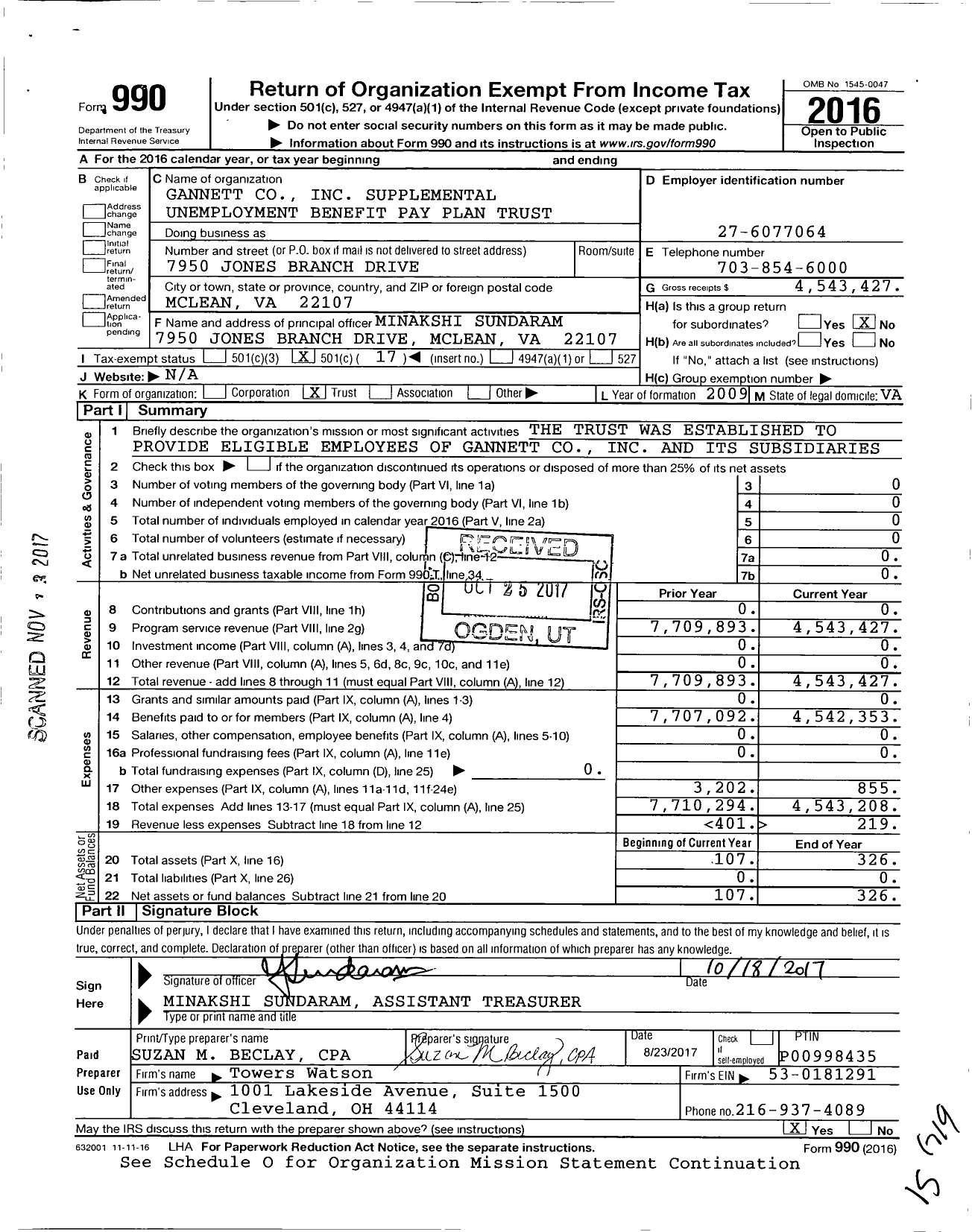 Image of first page of 2016 Form 990O for Gannett Supplemental Unemployment Benefit Pay Plan Trust