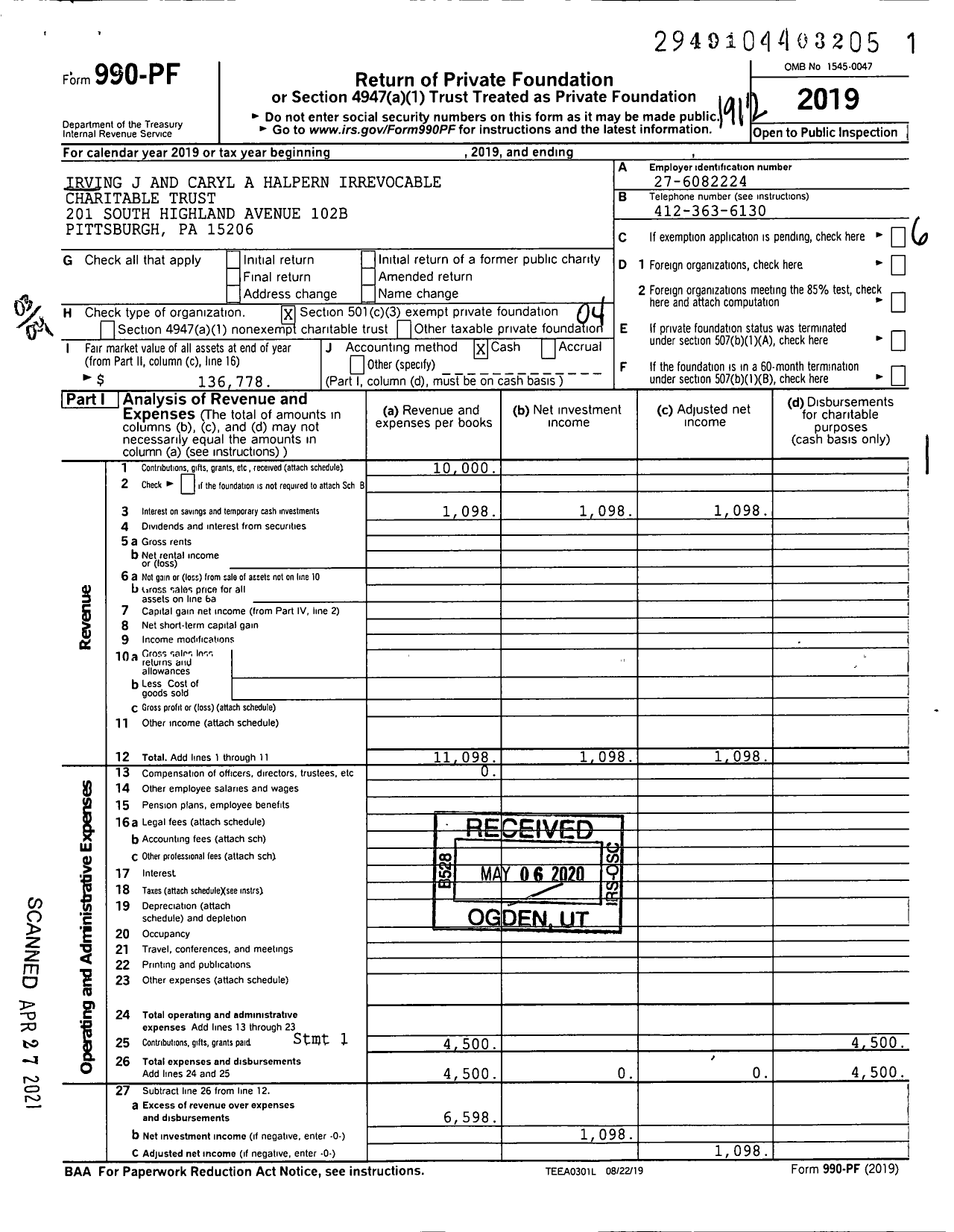 Image of first page of 2019 Form 990PF for Irving J and Caryl A Halpern Irrevocable Charitable Trust