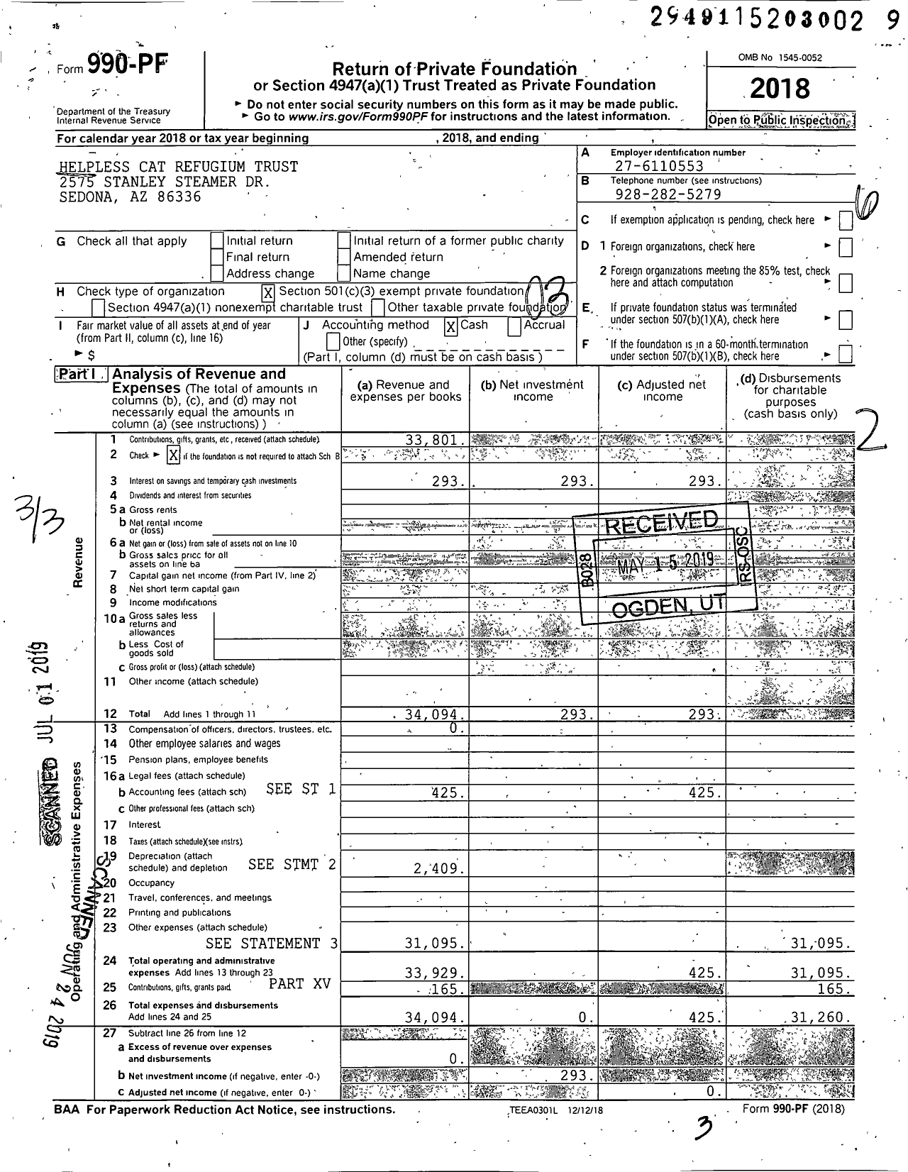 Image of first page of 2018 Form 990PF for Helpless Cat Refugium Trust