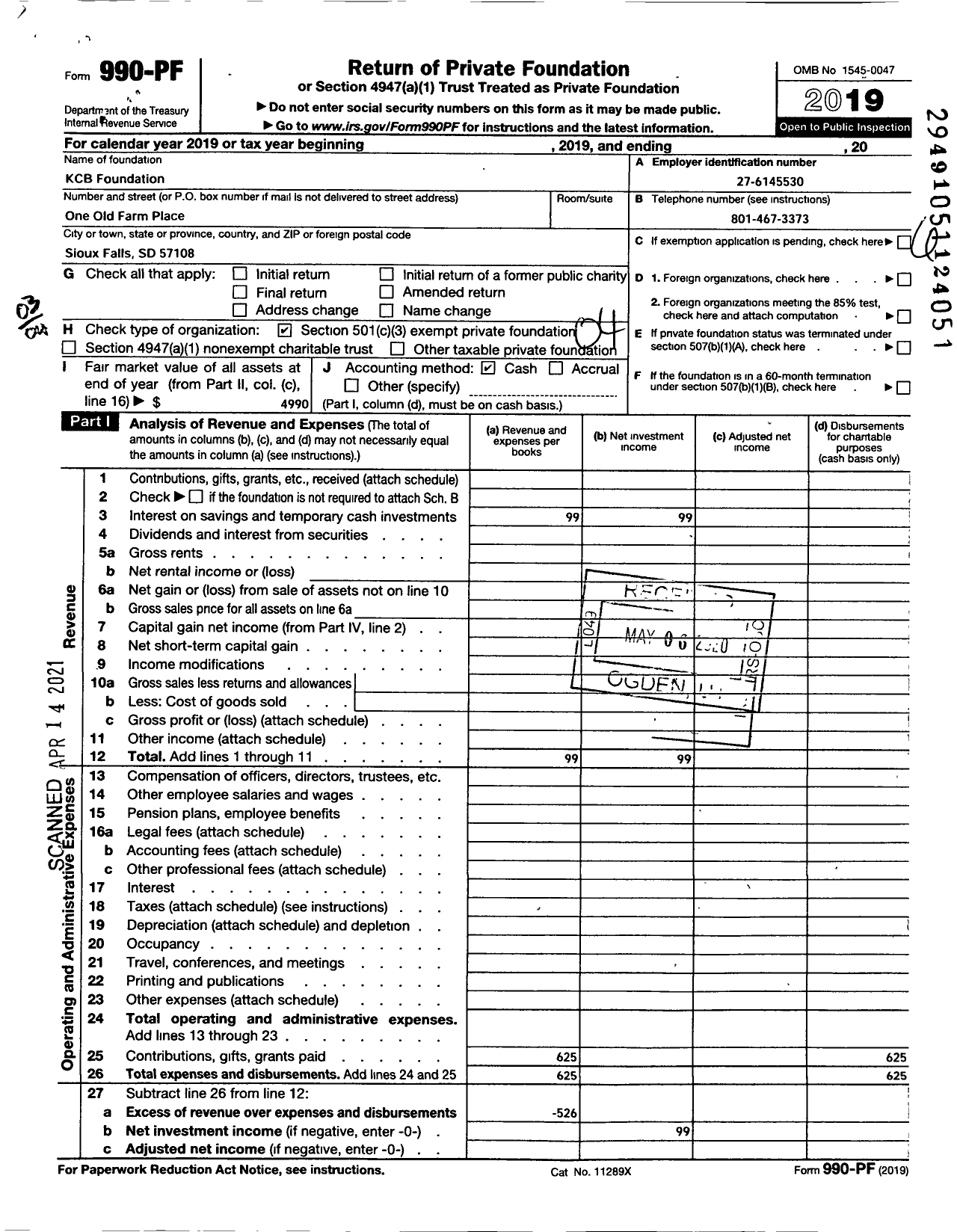 Image of first page of 2019 Form 990PF for KCB Family Foundation