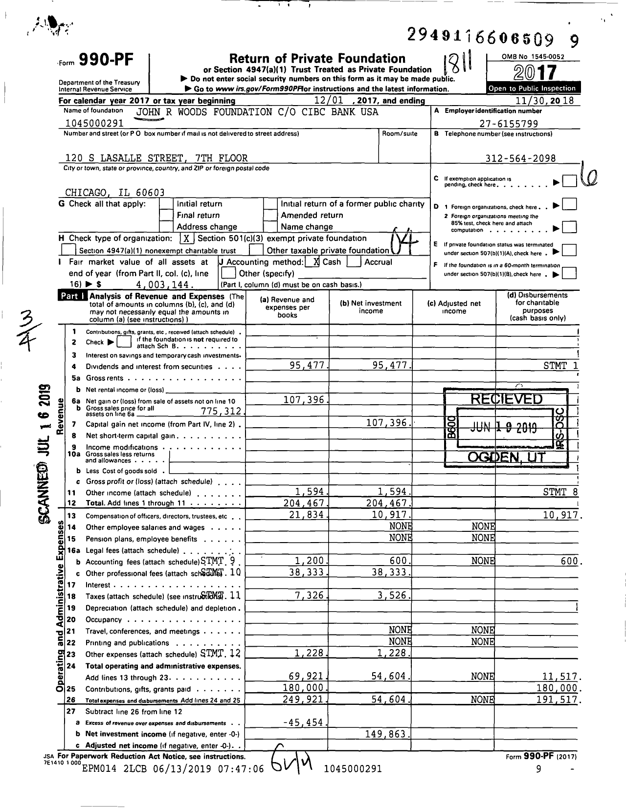 Image of first page of 2017 Form 990PF for John R Woods Foundation