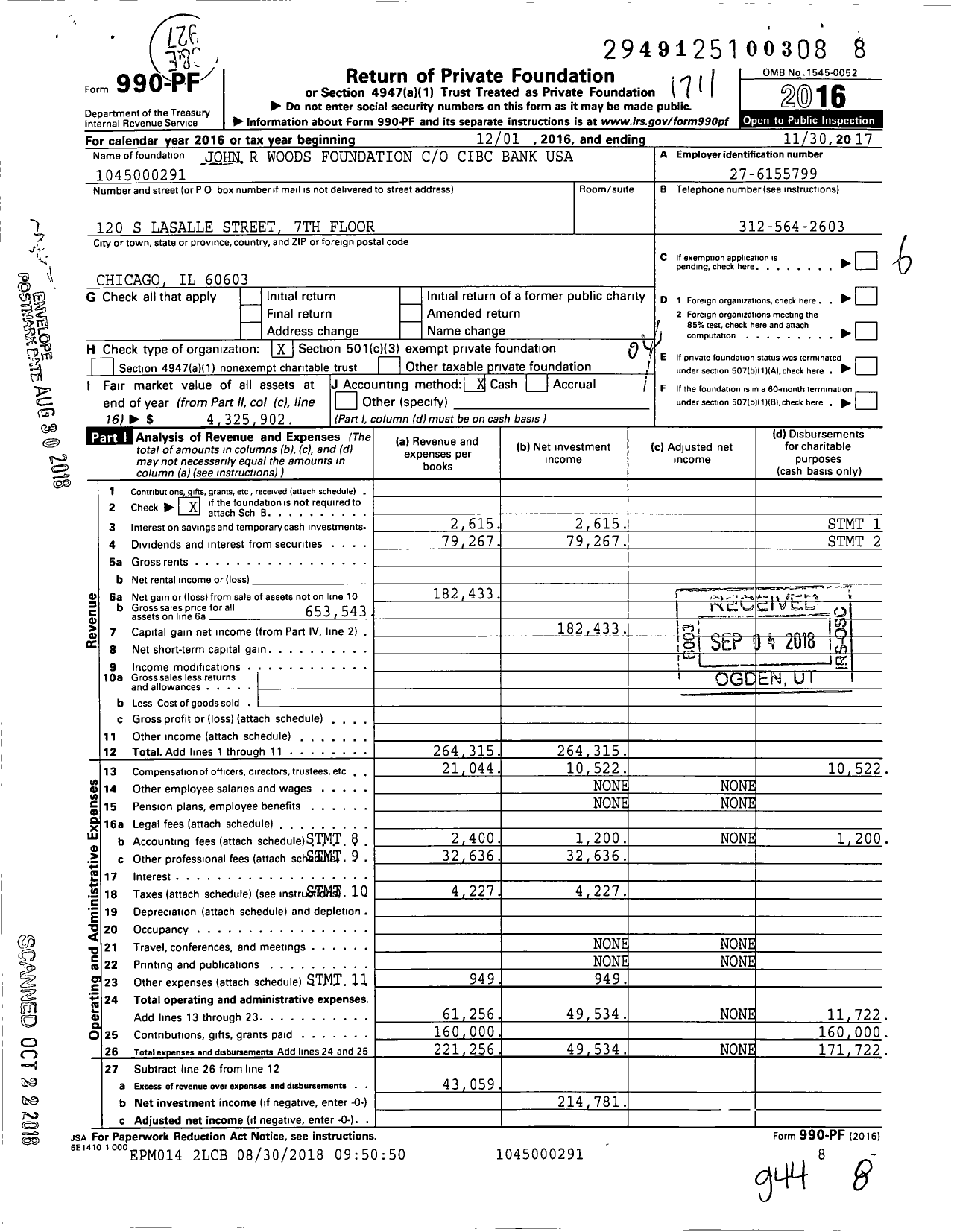 Image of first page of 2016 Form 990PF for John R Woods Foundation
