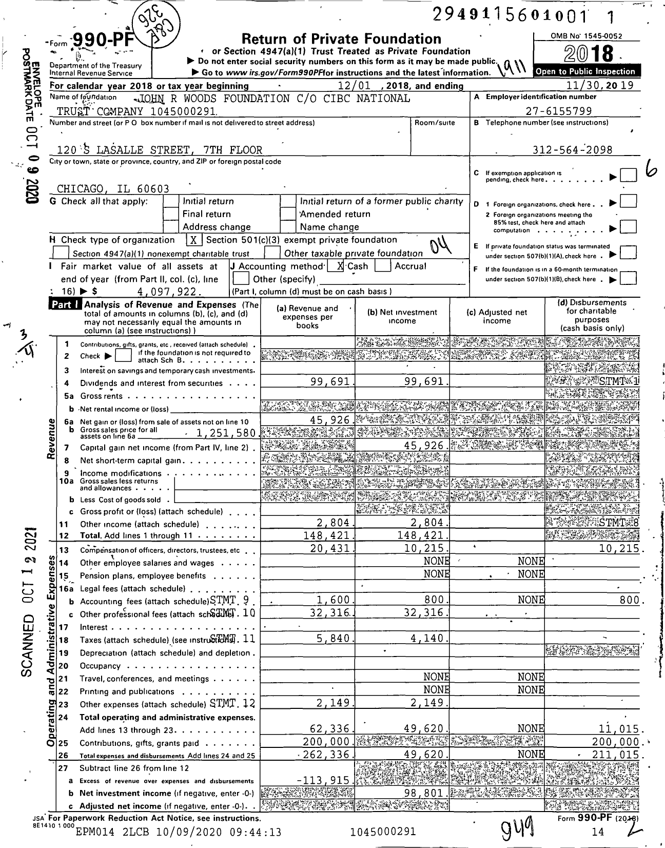 Image of first page of 2018 Form 990PF for John R Woods Foundation
