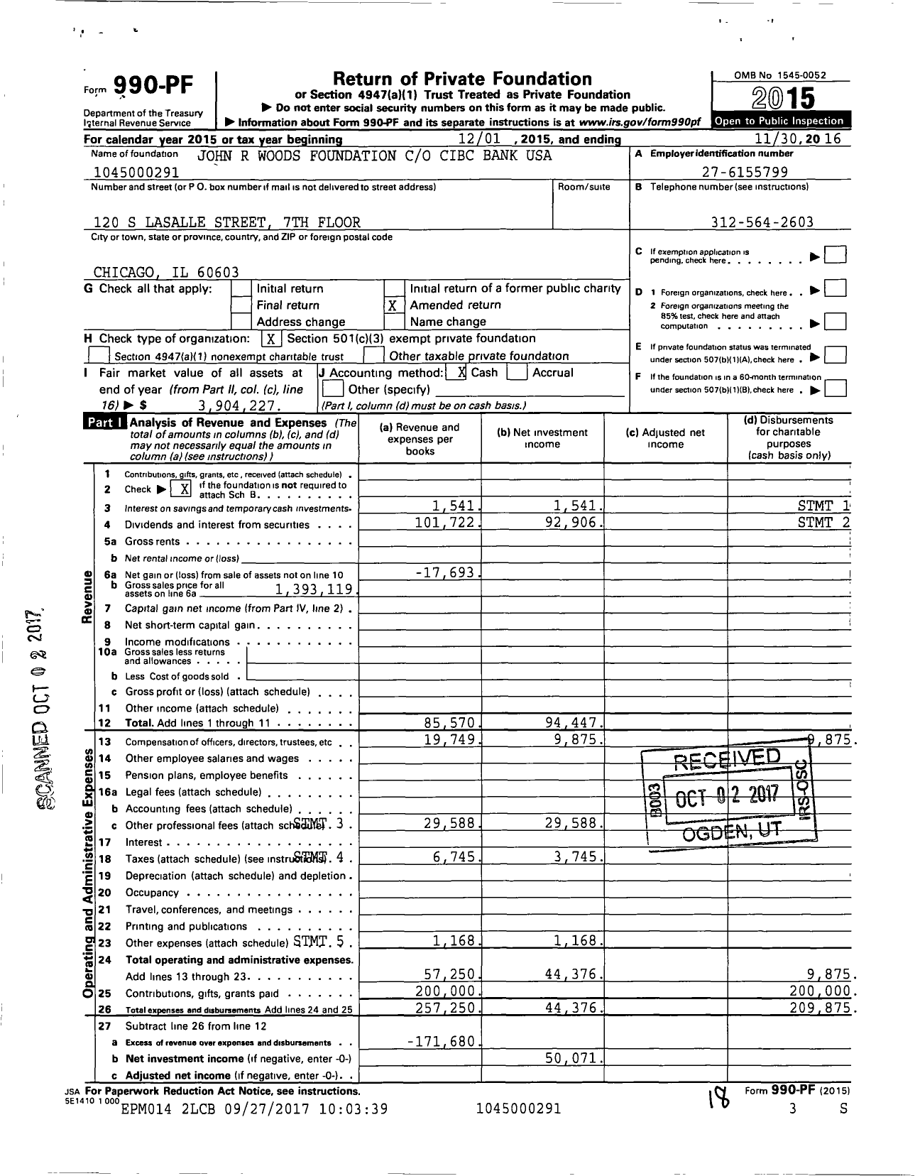 Image of first page of 2015 Form 990PF for John R Woods Foundation