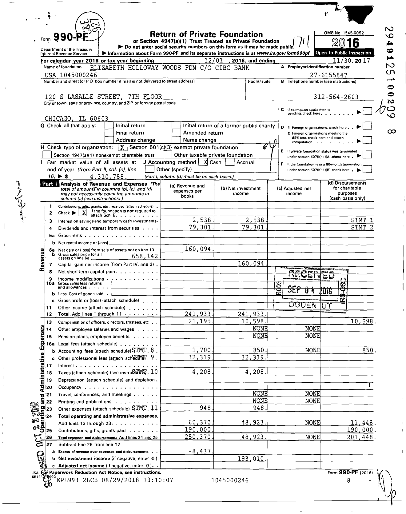Image of first page of 2016 Form 990PF for Elizabeth Holloway Woods Foundation Cibc