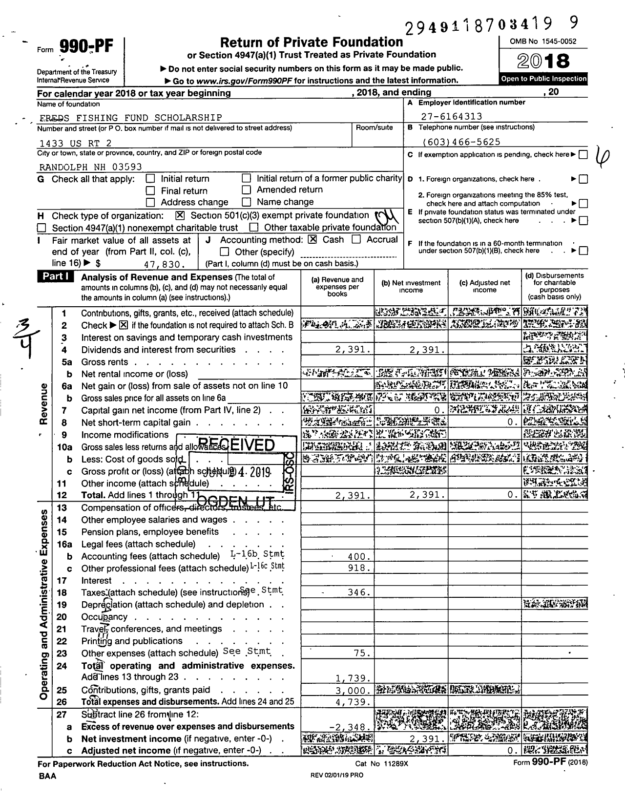 Image of first page of 2018 Form 990PF for Freds Fishing Fund Scholarship