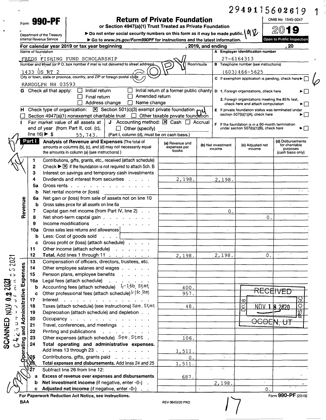 Image of first page of 2019 Form 990PF for Freds Fishing Fund Scholarship