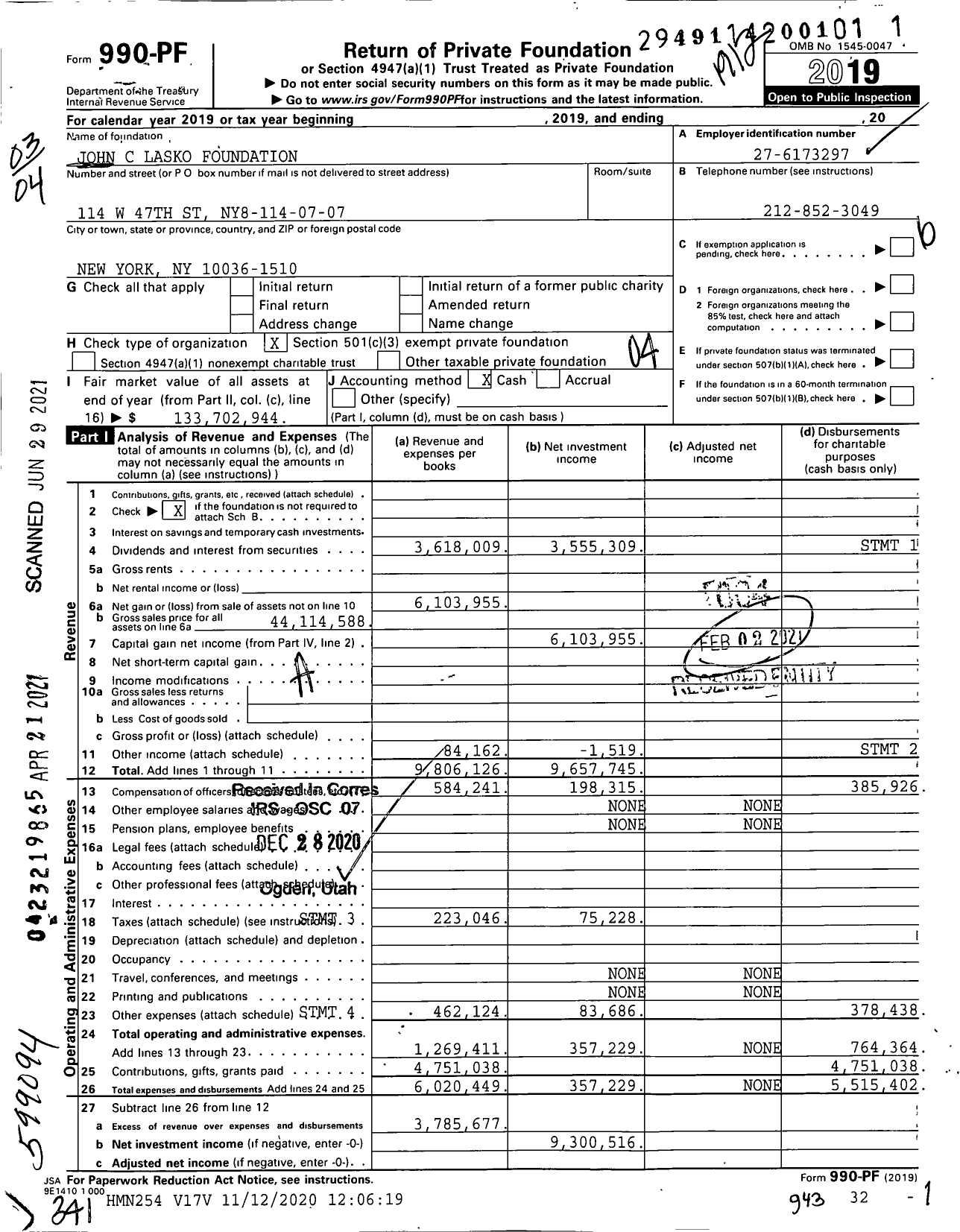 Image of first page of 2019 Form 990PF for John C Lasko Foundation